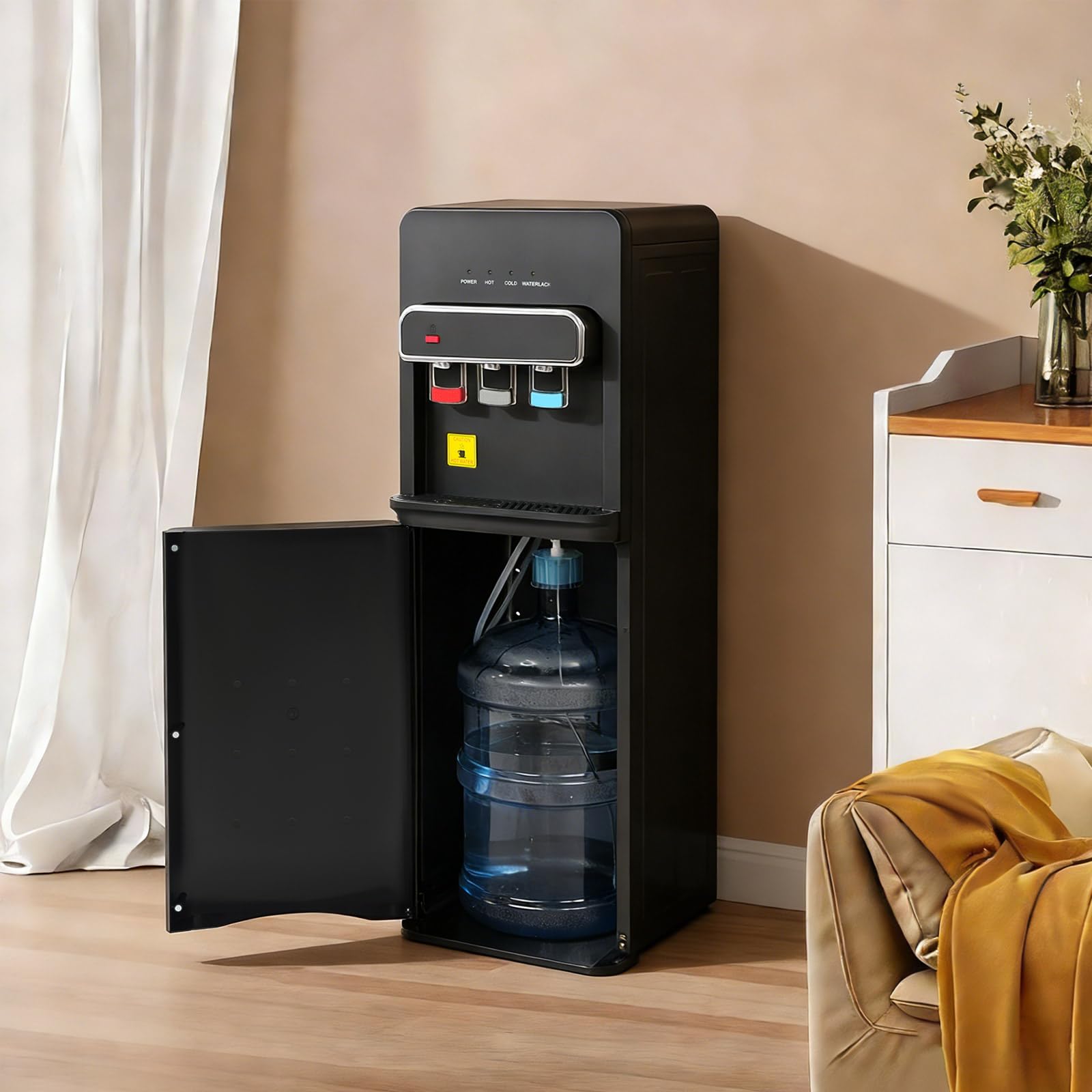 Fontaine à Eau Chargement Inférieur 3 Températures, Distributeur d'eau Chaude 550W et Froide 75W, Fontaine Eau Chaude Froide avec Verrouillage de Sécurité, pour Bonbonne 5 Gallons, Maison Bureau Noir