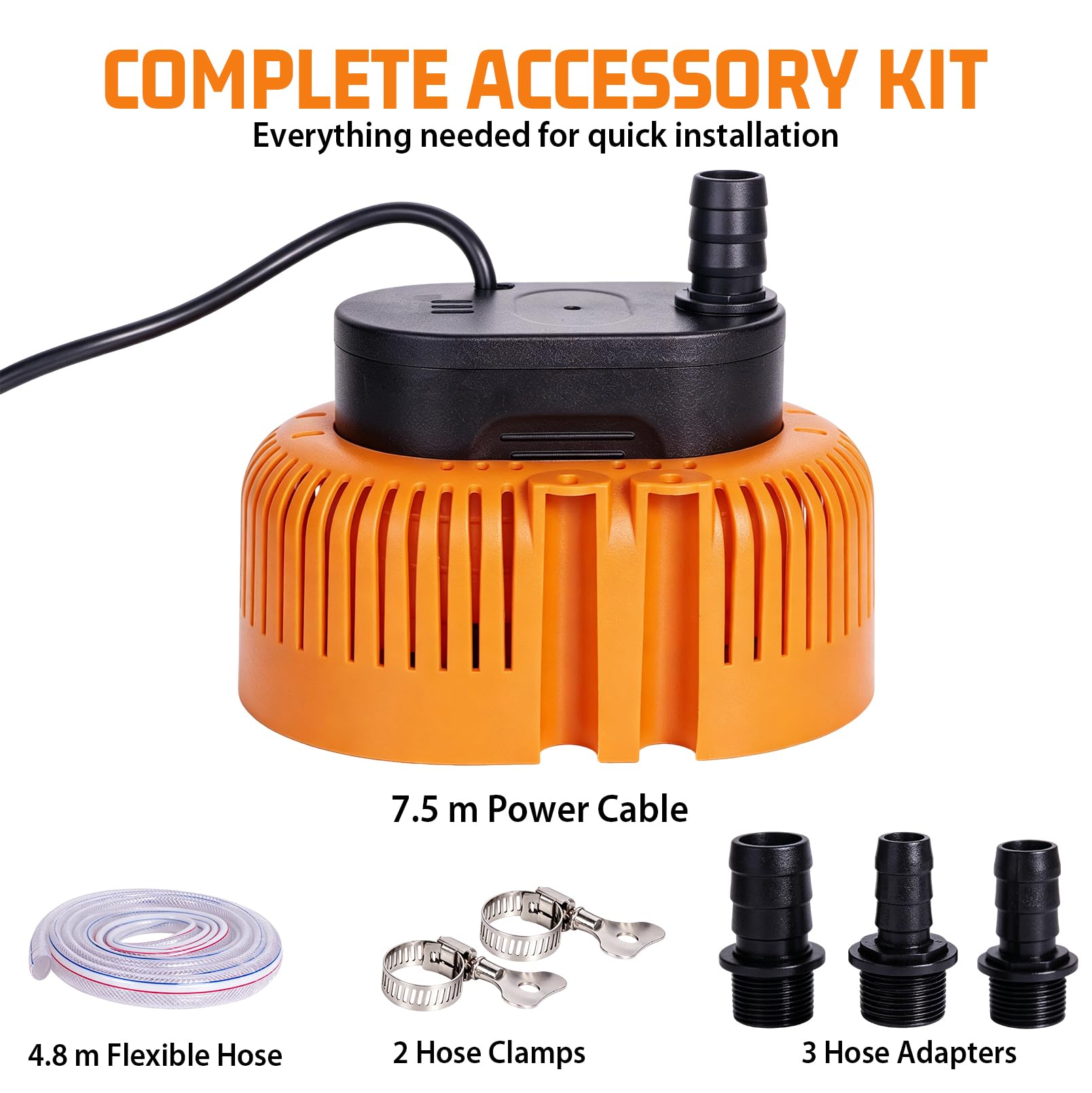 Pompa Sommersa per Acque Sporche 75W 3200 L/H con Tubo da 4,8 m | Pompa da Giardino con Cavo da 7,5 m, 3 Adattatori per Tubi (13/16/19 mm) e 2 Fascette, per Laghetti, Fontane, Piscine