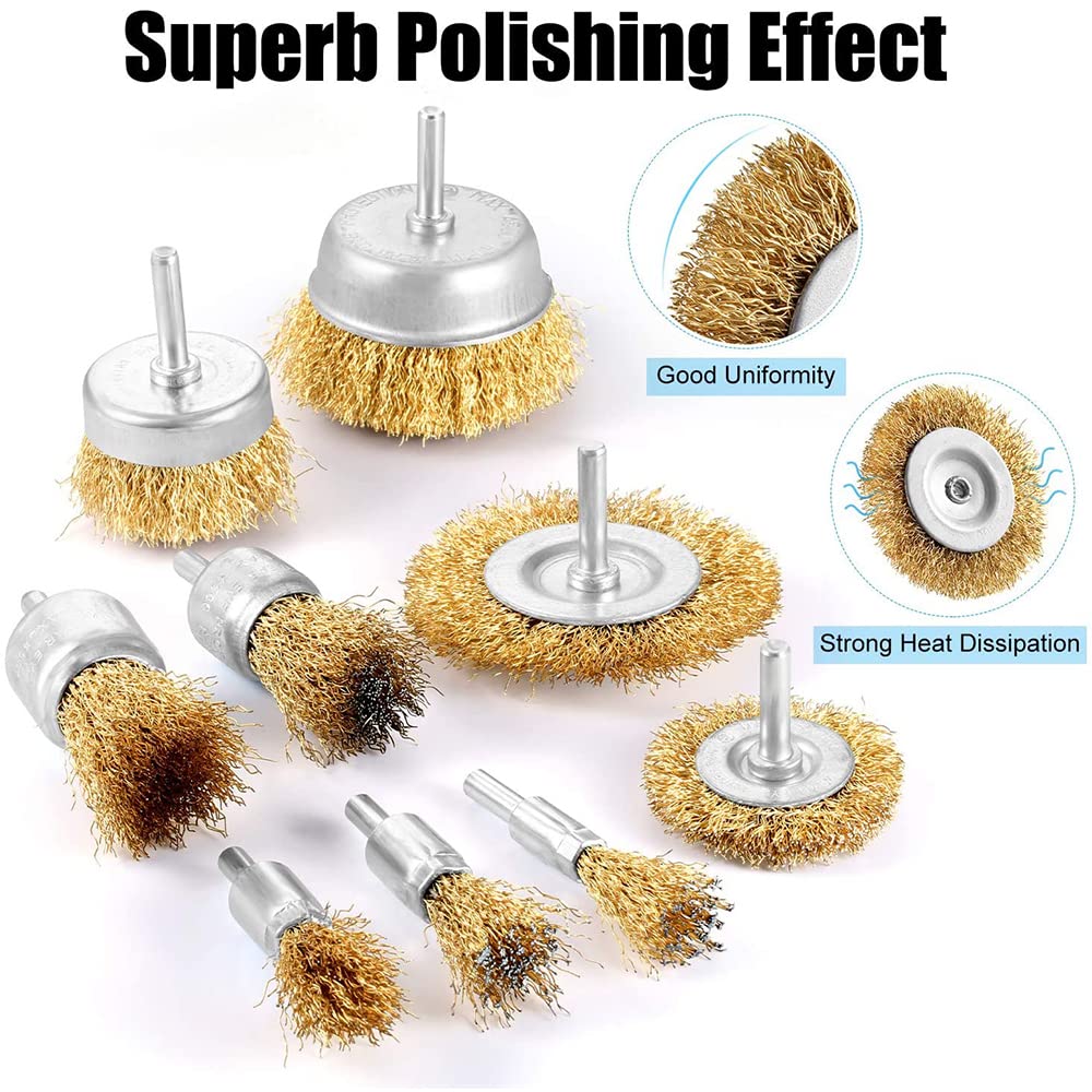 Wire Brush Wheel Steel Cup Brush Set 9 Piece Wire Power Brush for Drill 1/4 Inch Shank Arbor 0.012" Coarse Carbon Crimped Wire Wheel for Cleaning Rust,Stripping,Abrasive and Drill Attachment: Industrial & Scientific