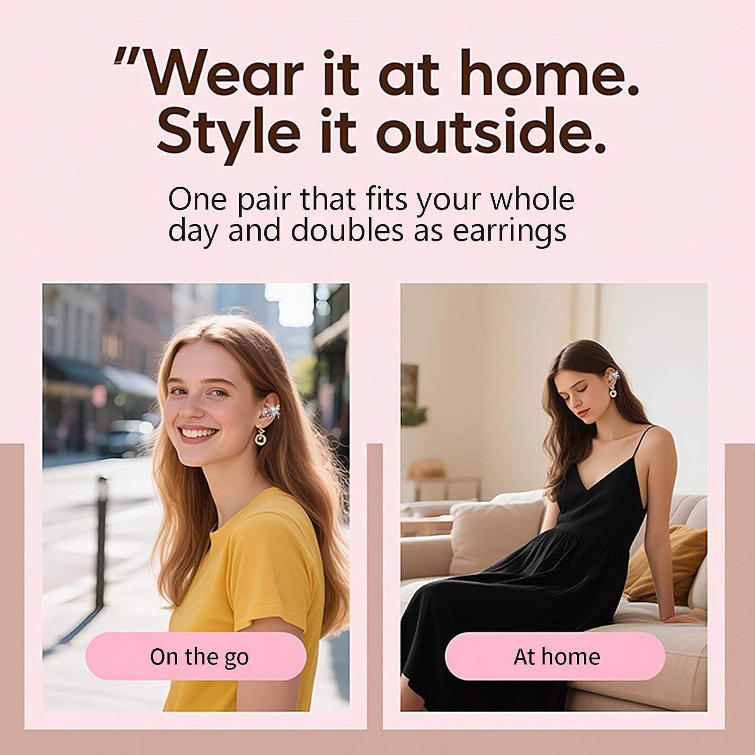 Clip On Earbuds for Women Small Ears, Open Ear Wireless Headphones with Crystal Earrings, Secure Fit Comfortable Painless Ear Clip Earbuds, 50H Playtime ENC Clear Call IP56 Waterproof (Pink)