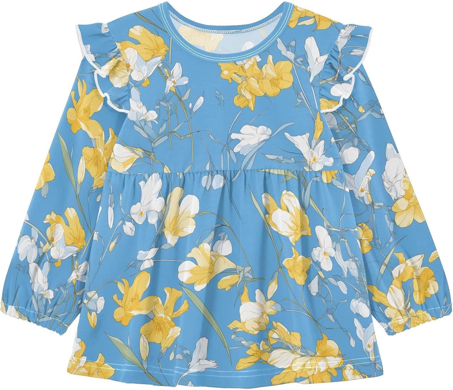 visesunny Toddler Clothes for Girls Yellow White Freesia Long Sleeve Fall Shirts Cotton Top with Ruffle Collar