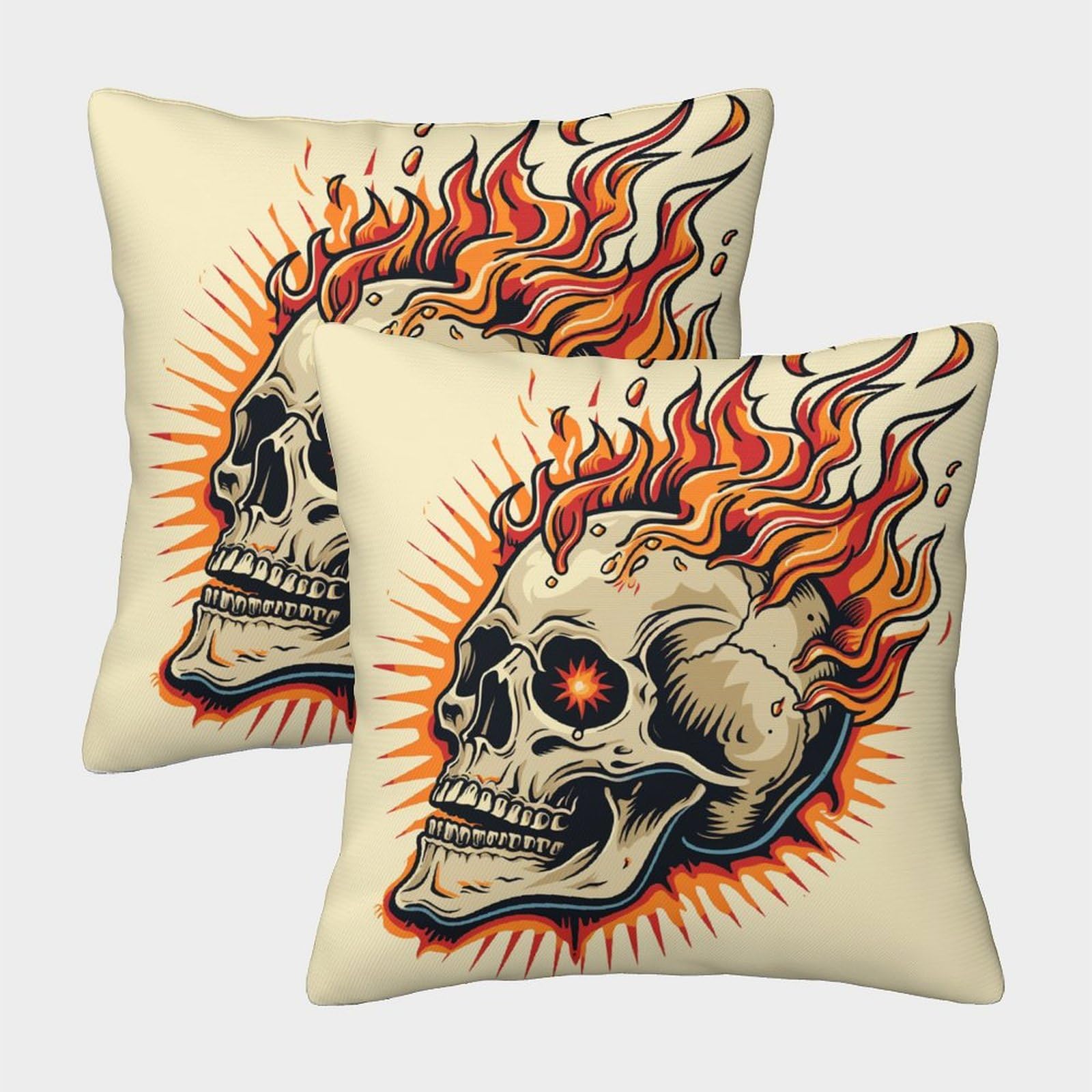 Skull Throw Pillow Cover Flames Pillow Case Decorative Men Women Boy Girl Room Hidden Zipper Cushion Cover for Living Room Couch Dorm Pack of 2 45x45cm