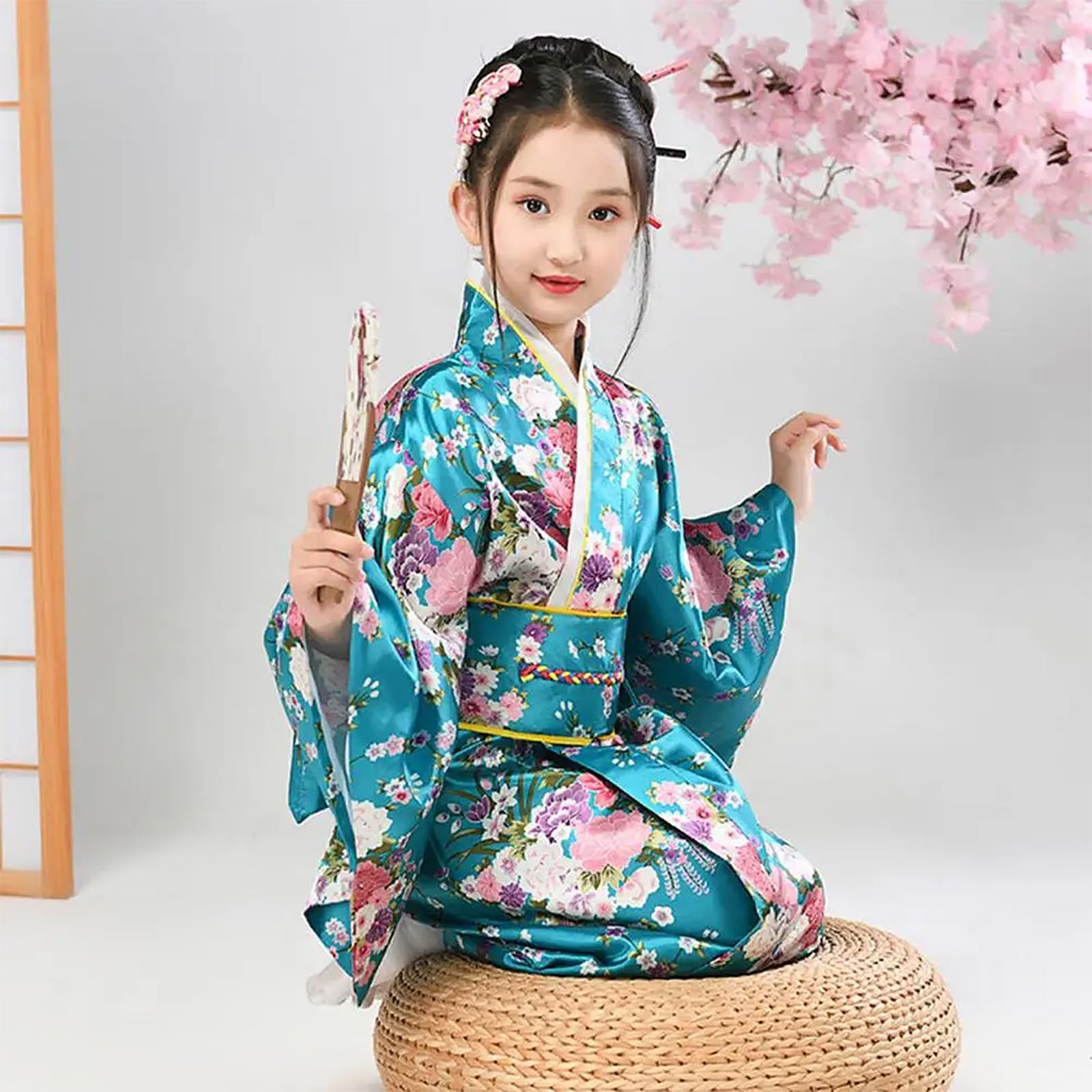 TINAYAUE Kimono Japonais Enfant, Robe de Bain avec Ceinture obi complète pour Photos, Cosplay, Performance Scolaire et Photos, Couleur variés, Taille 100/100/140cm, modèle à Fleurs de Cerisier