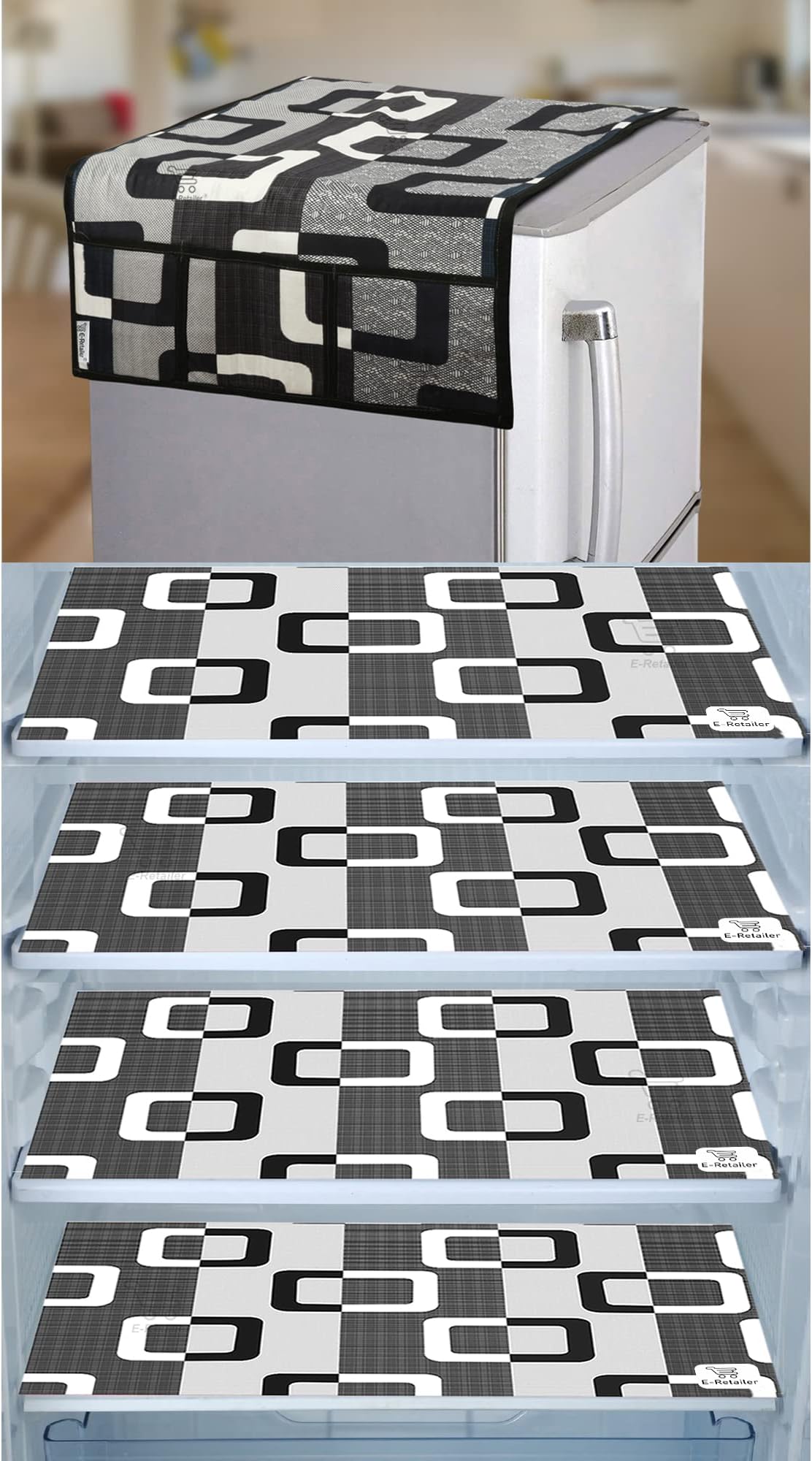 E-Retailer® Polyester 3-Layered Fridge Top Cover/Refrigerator Cover With Utility Pockets and Set of 4 Pc Fridge Mats (Color-Black, Size-39x21 Inch)