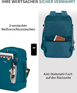 ECOHUB 20 L for Ryanair Hand Luggage 40 x 20 x 25 Theft-Proof Hand Luggage Backpack 3D Laptop Backpack Waterproof Recycled Travel Backpack Hand Luggage Aeroplane for Men and Women Patent Pending (Blue Green)