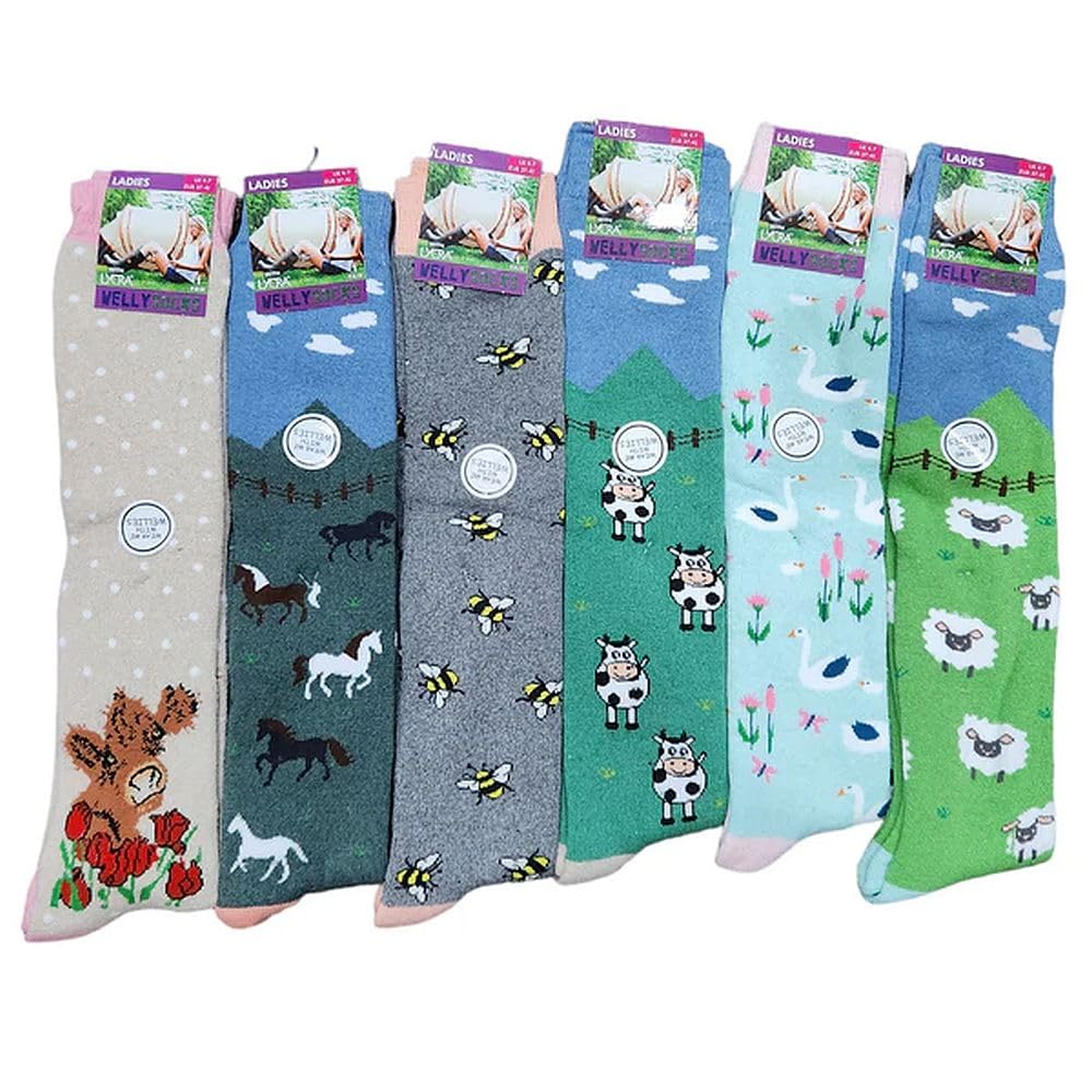 Ladies Supersoft Welly Socks - Farm Animals Design and Dogs UK SIZE 4-7