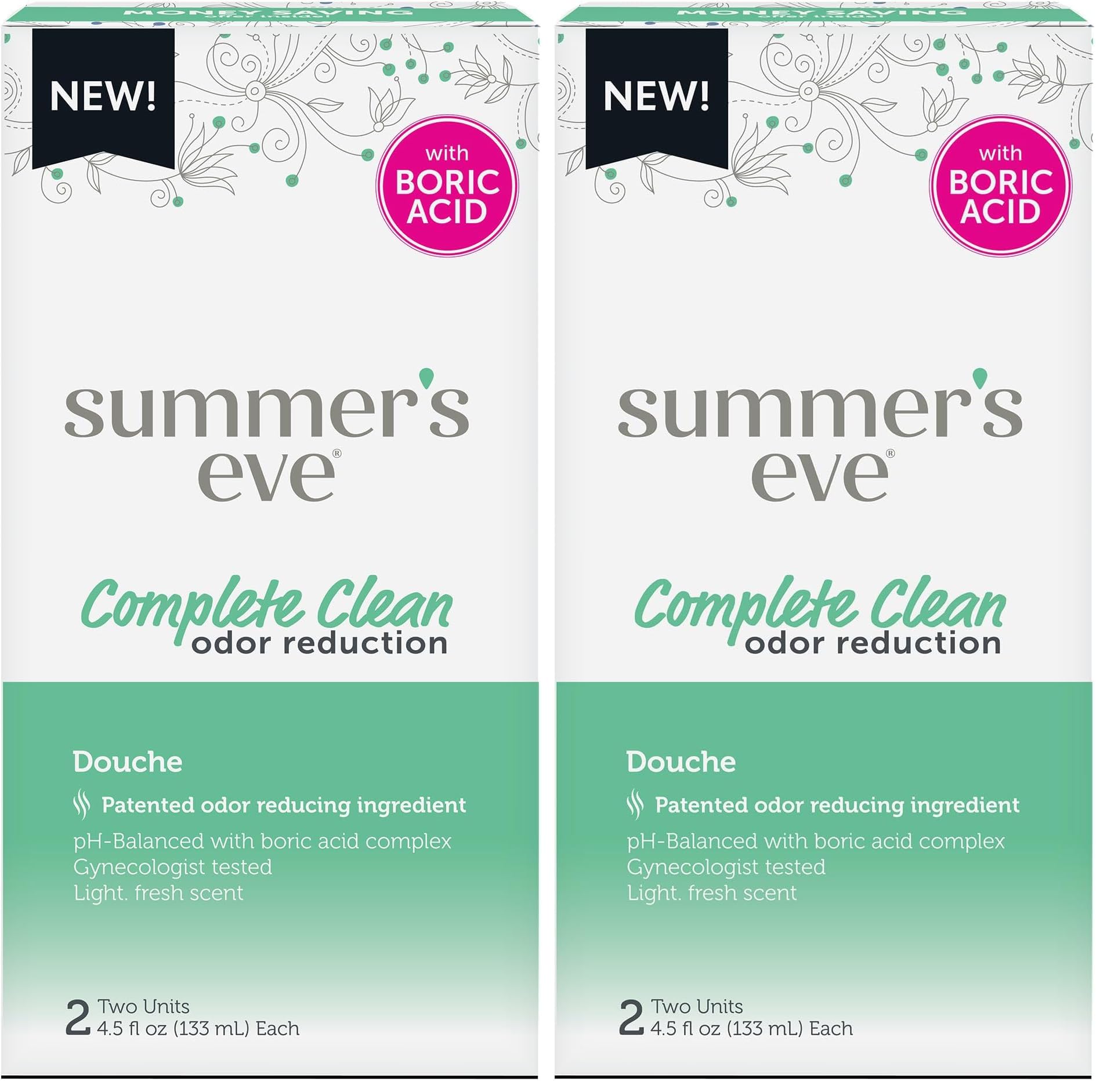 Summer's Eve Feminine Douche, Complete Clean | Odor Reduction | Boric Acid Complex | 2 Units | 4.5 oz Each