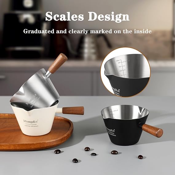 Mongdio Espresso Measuring Cup, Stainless Steel Espresso Shot Cups with Wooden Handle and Double Spouts, 6.8OZ/200ML, White