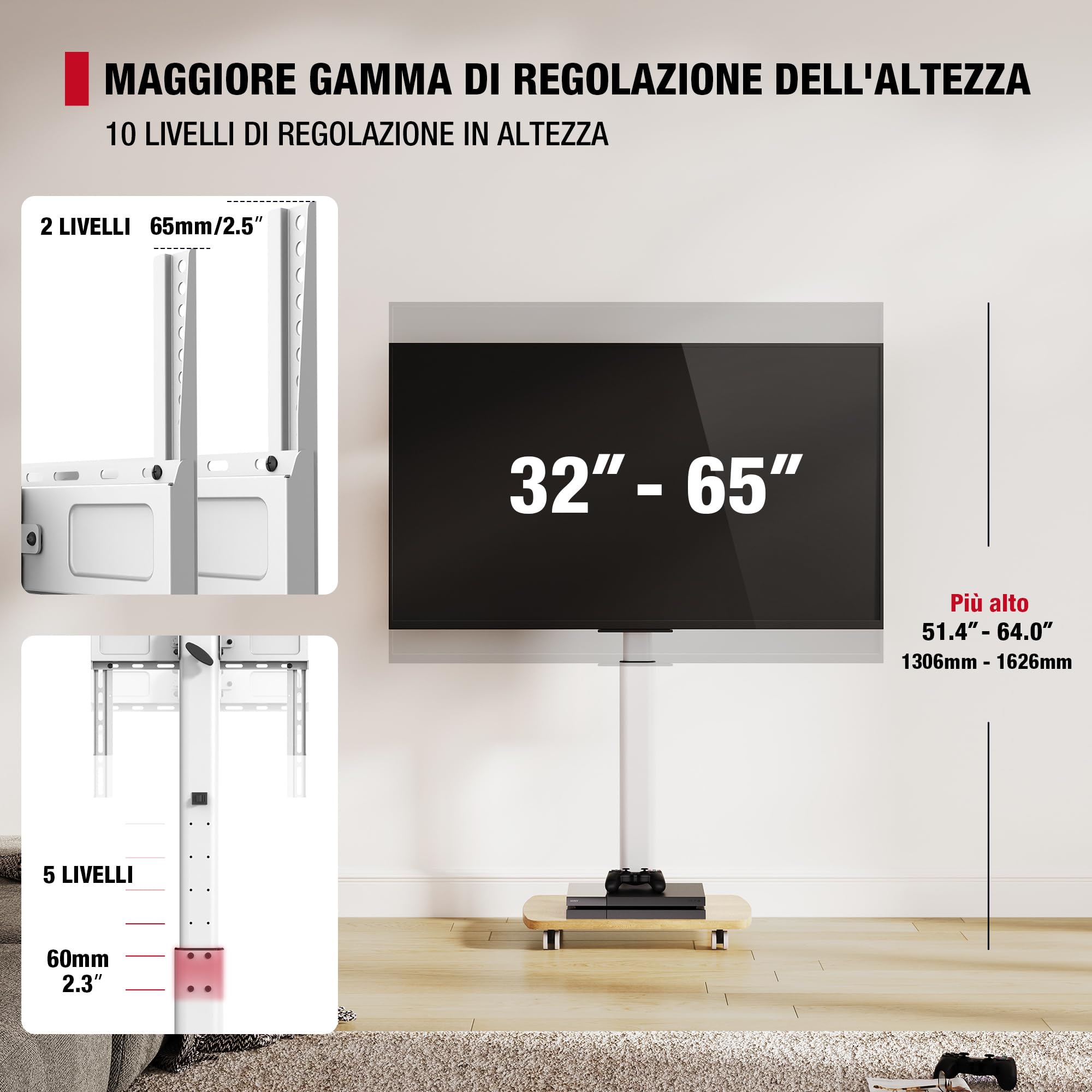 AOKCOS Carrello Porta TV con Ruote per 32-65 Pollici, Orizzontale e Verticale Supporto TV da Pavimento con Base in Legno, Inclinabile e Regolabile in Altezza, Max VESA 400x400mm 30kg