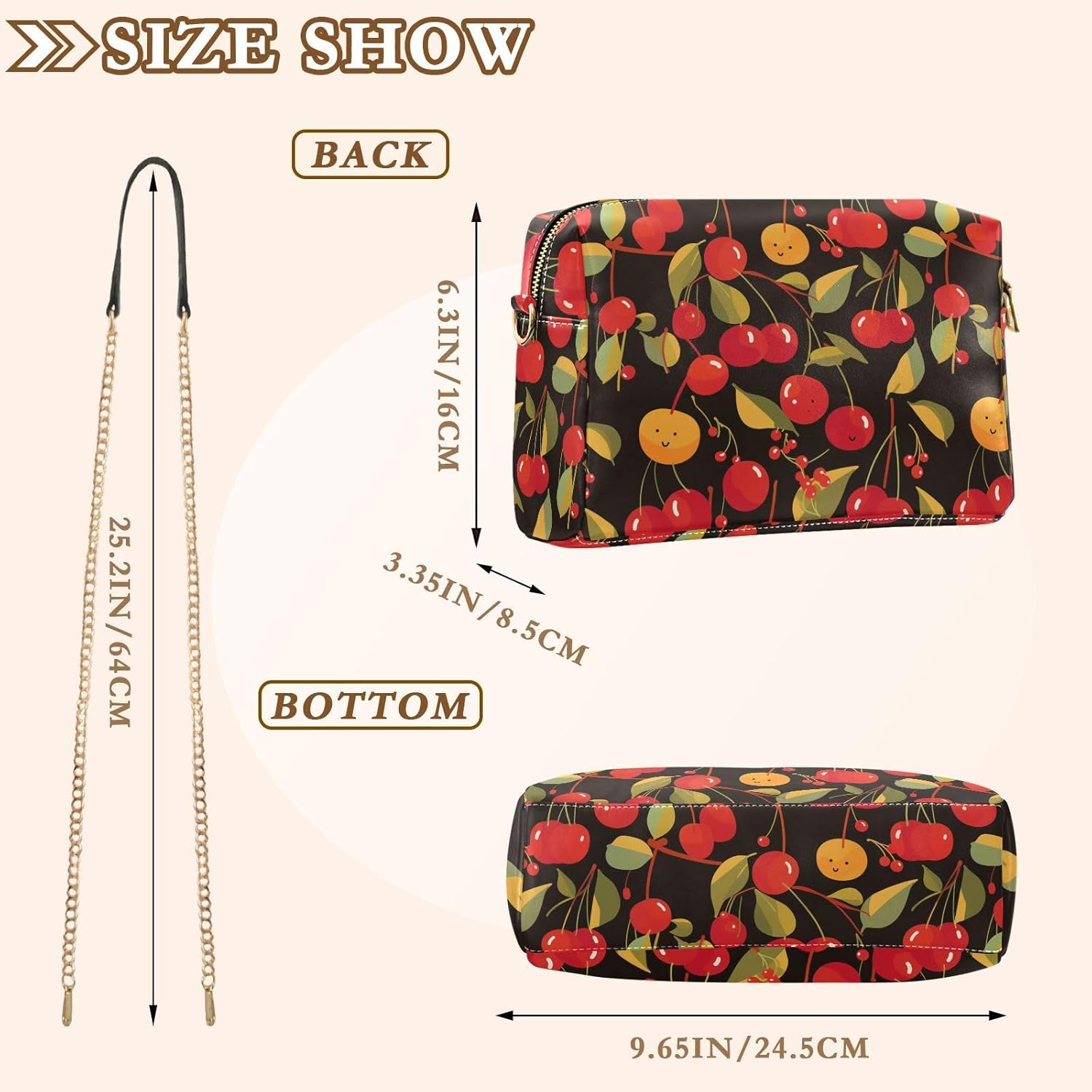 KLL Cartoon Cute Cherry Doodles Art Black Background Fashion Crossbody Small Bags For Women Vegan Leather Purse For Teens Waterproof Shoulder Handbags