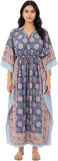 BOHEKANT Semi Sheer Transparent Pure Cotton Women Stylish Hand Block Print Kaftan, Night Wear, Loungewear, Night Dress, Ca...