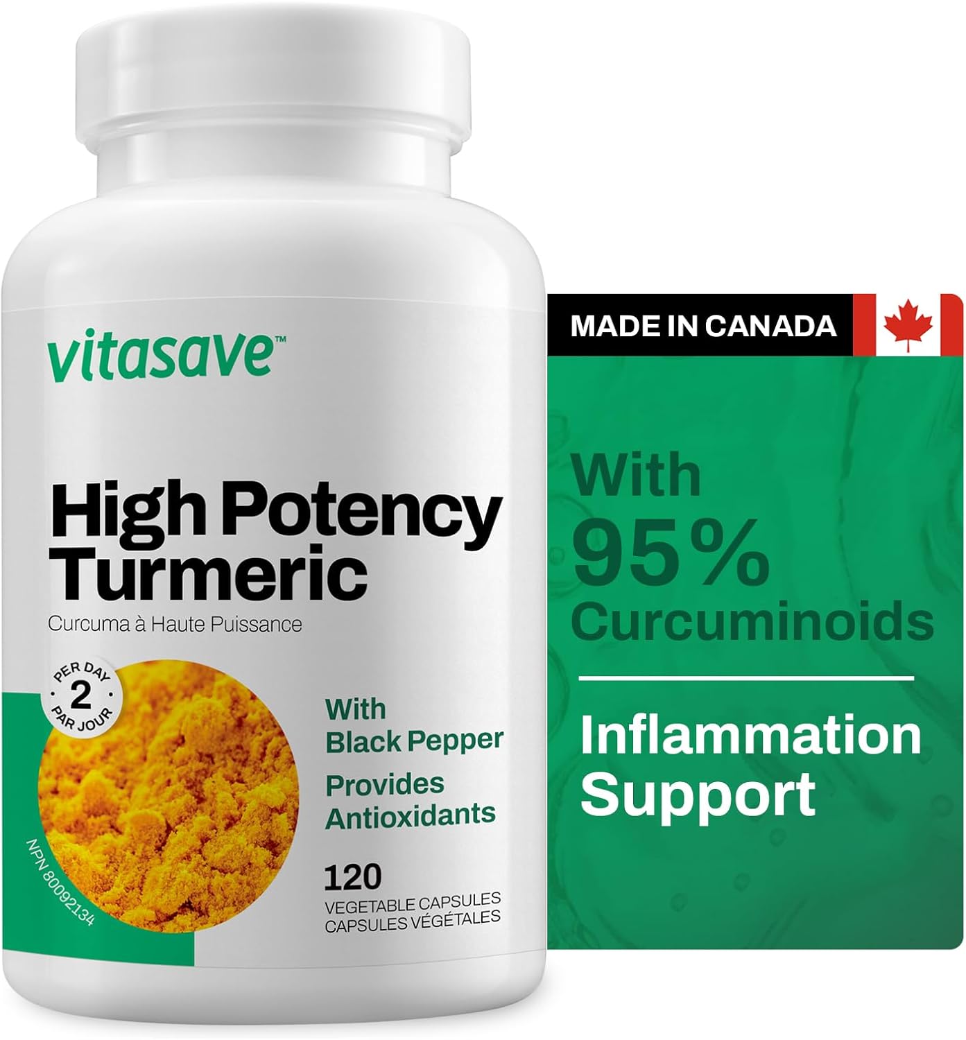 Vitasave Turmeric Curcumin Supplement ā 500mg with Black Pepper for Absorption ā Joint Pain Relief, Anti-Inflammatory & Antioxidant Support ā Non-GMO, Gluten-Free ā 120 Vegan Capsules (4-Month Supply)
