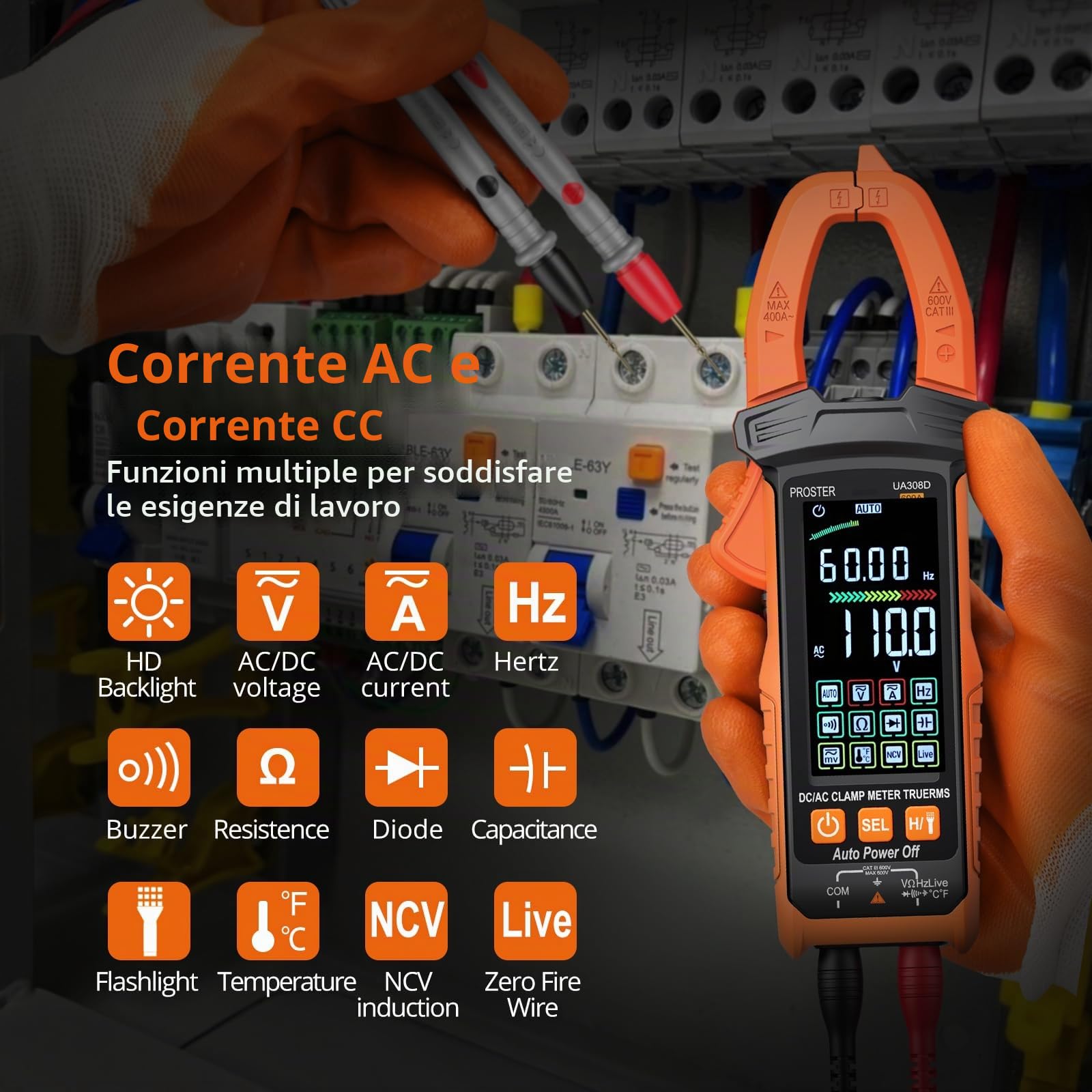 Proster Pinza Amperometrica Intelligente a Nero Auto-Ranging 600 AC/DC Tensione e Corrente 6000 Conti Test di Resistenza/Diodo/Capacitanza/Temperatura/1000kHz/LIVE/NCV con Display Analogico a Barre