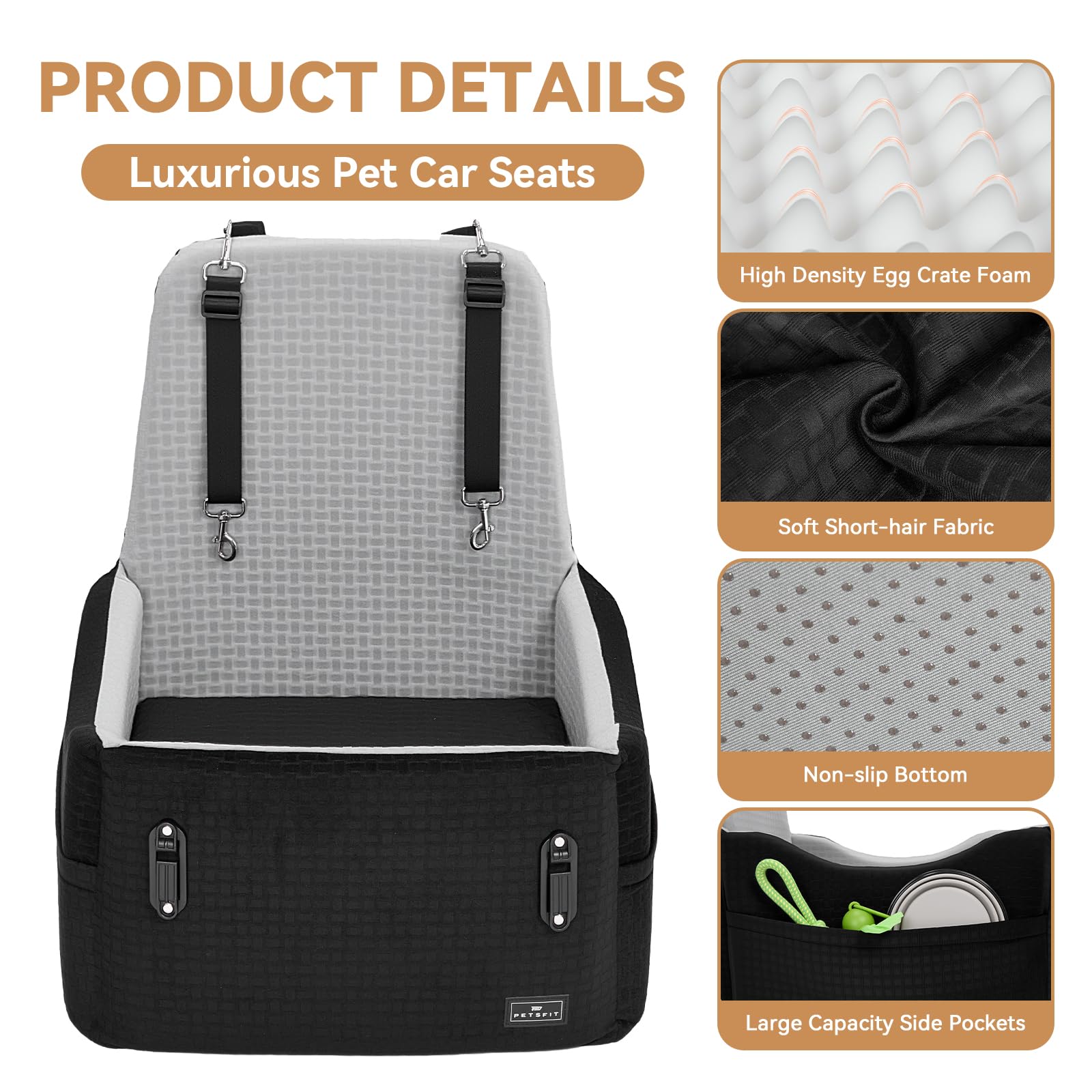 PETSFIT Dog Car Seat for Small/Medium Dogs Up to 35 lbs – Patented Safety System, 6" Memory Foam Pet Booster Car Seat, Fully Detachable and Washable Dog Carseat with 2 Storage Pockets (Black & Grey) - image 7