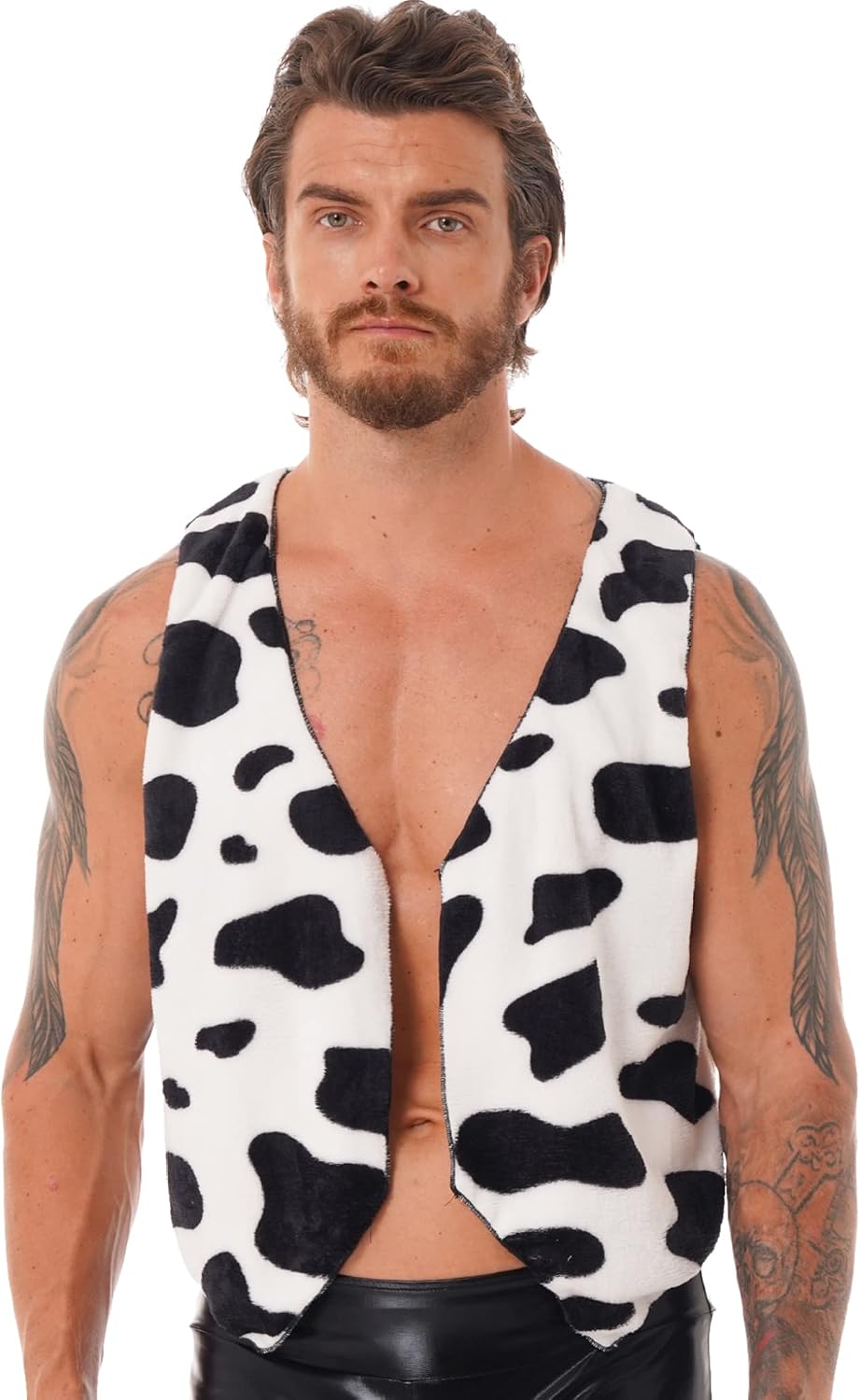 Men's Cow Printed Flannel Waistcoat Tops Open Front Sleeveless V Neck Vest Cardigan Costumes