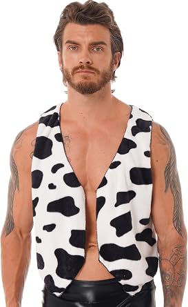 Mens Cow Printed Flannel Waistcoat Tops Open Front Sleeveless V Neck Vest Cardigan Costumes