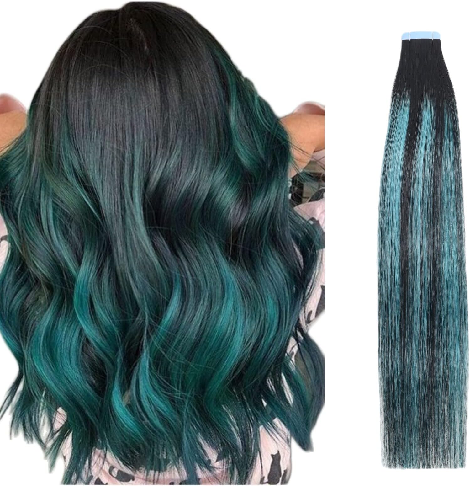 Tape in Hair Extensions, Real Natural Remy Human Hair, Seamless Straight Pu Skin Weft, 14 Inch 40 Gram 20 Pieces, Balayage Black Rooted to Teal Green Highlights Black