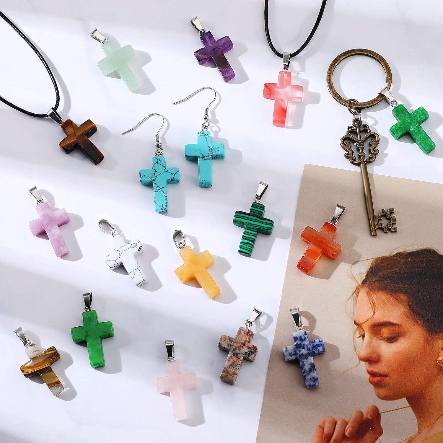Junkin 100 Pcs Cross Necklace Stone Bulk 1 Inch 25 Styles Natural Crystal Cross Pendant Charms Bulk Reiki Gemstone Pocket Stone for Easter Decor Jewelry Making DIY Necklace Bracelet Earring