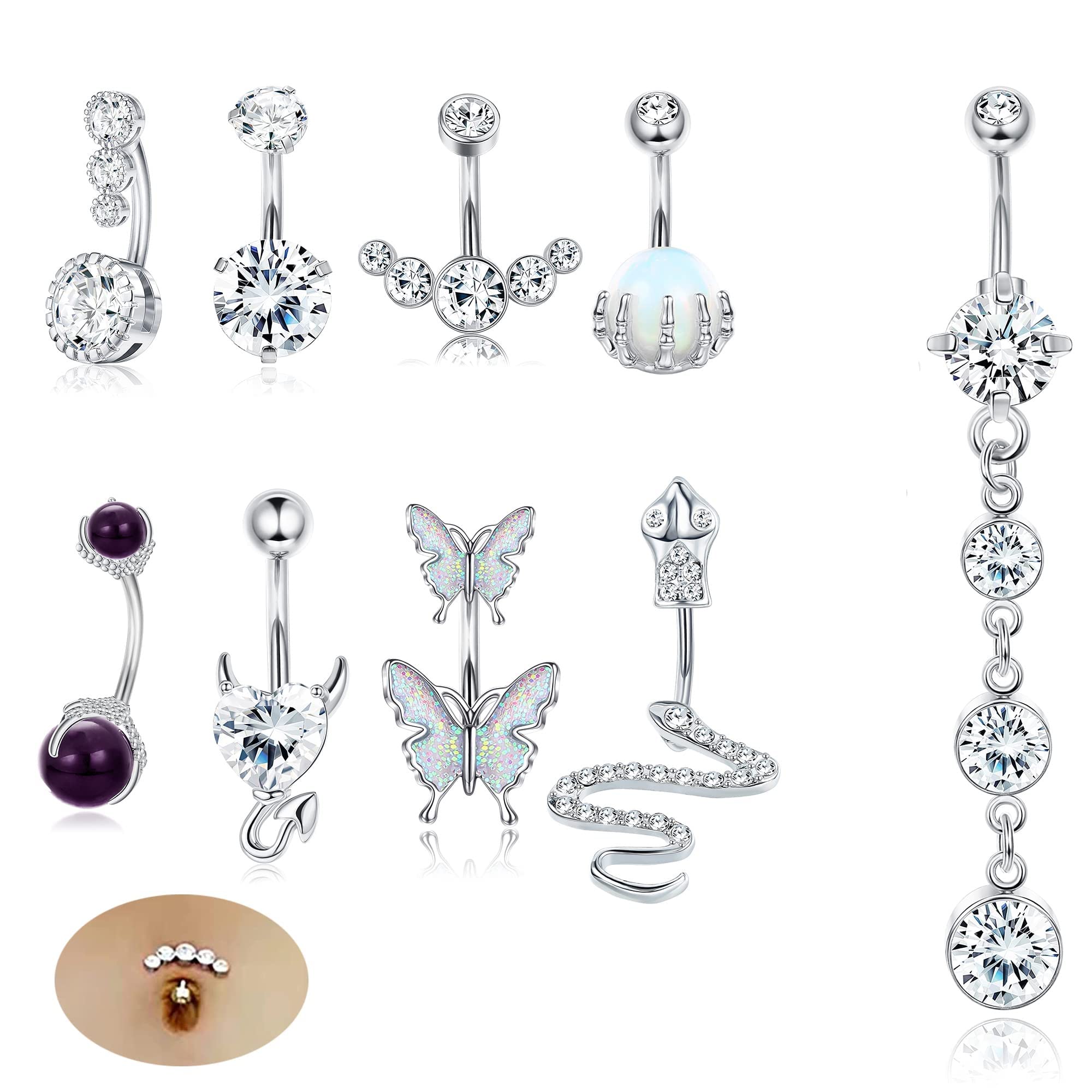 MILACOLATO10 Pcs Piercing Ombligo，Piercing Ombligo De oz para Mujer, Acero Inoxidable, Corazón del Diablo, Serpiente Quirurgico Calavera Circonita Cúbica Transparente Joyería para el Cuerpo