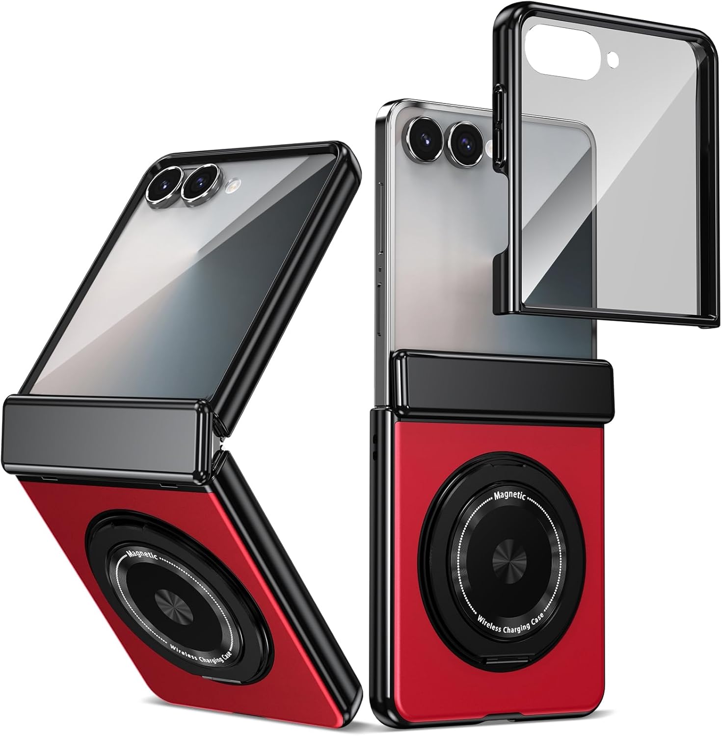 Magnetic for Samsung Galaxy Z Flip 7 Case with Ring Holder, Built in Screen Protector Camera Protection Slim Thin Hard PC Kickstand Magnetic Car Accessories Shockproof Protective Case, Red