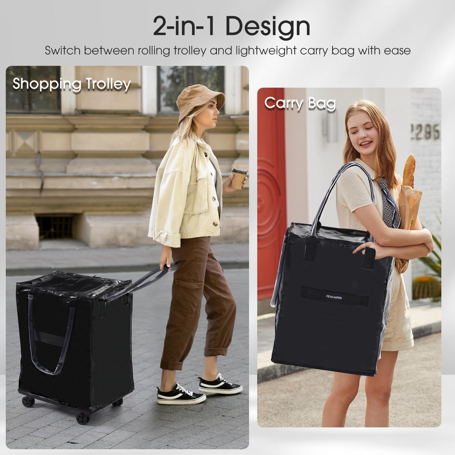 Reusable Grocery Bag On Wheels, 100L Lightweight Foldable Rolling Tote Bag w/Unbreakable Handles, 360° Swivel Detachable Wheels, Folds Flat, Zipper Closure, Carries Up to 110 lbs, Black