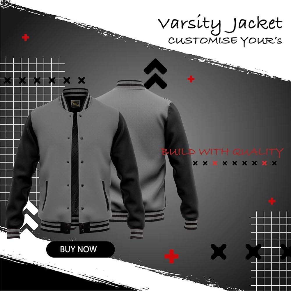 GREY Varsity Jacket for Men's 100% Wool & 100% Genuion