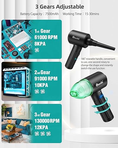 Miniatura 3 de Reesibi Potente plumero de aire comprimido, motor sin escobillas de 130000 RPM, plumero de aire eléctrico para computadoras con 4 indicadores de
