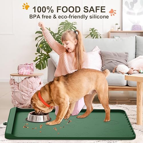 Miniatura 36 de Tapete de silicona para comida y agua para perros de 36 x 24 pulgadas, tapete grande de alimentación para mascotas con bolsillo para recolección