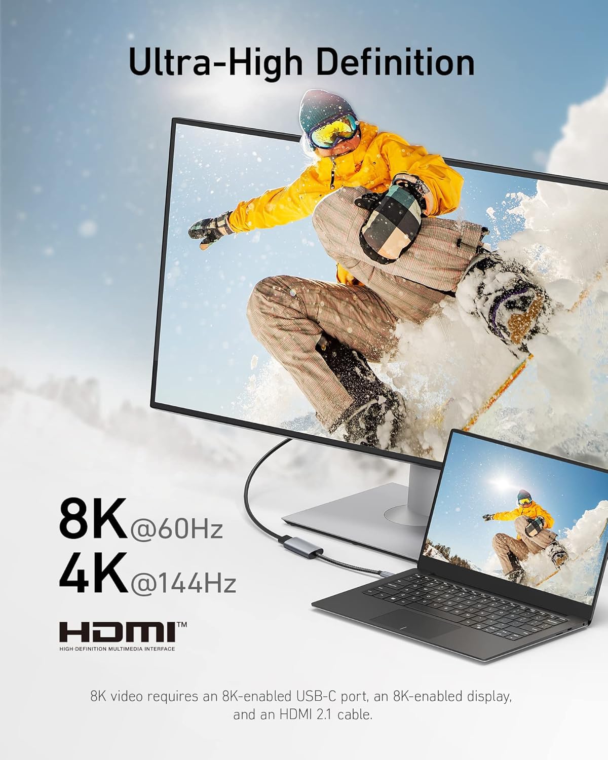 PremiumCord Adattatore da USB-C a HDMI 8K F/M, HDMI 2.1, UHD 8K 4320p 60Hz, 4K 2160p 144Hz, HDR10+, HDCP 2.3, 48 Gbps, Alloggiamento In Alluminio, Grigio Siderale