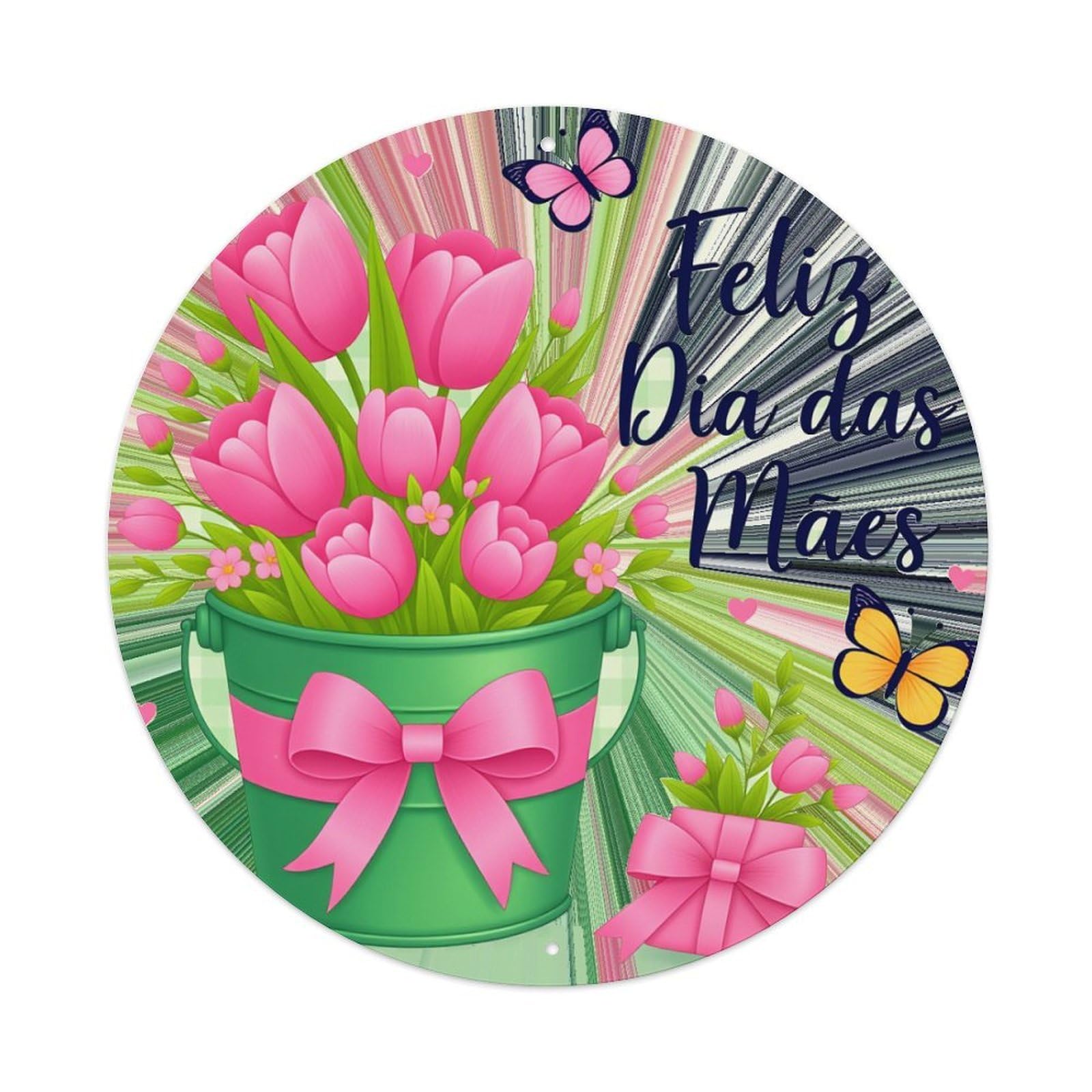 Floral Bucket Pink Tulips Butterflies Round Tin Sign Retro Metal Sign for Cafe Bar Pub Home Game Room Gym Club Wall Decoration Vintage Metal Poster 8x8 Inch