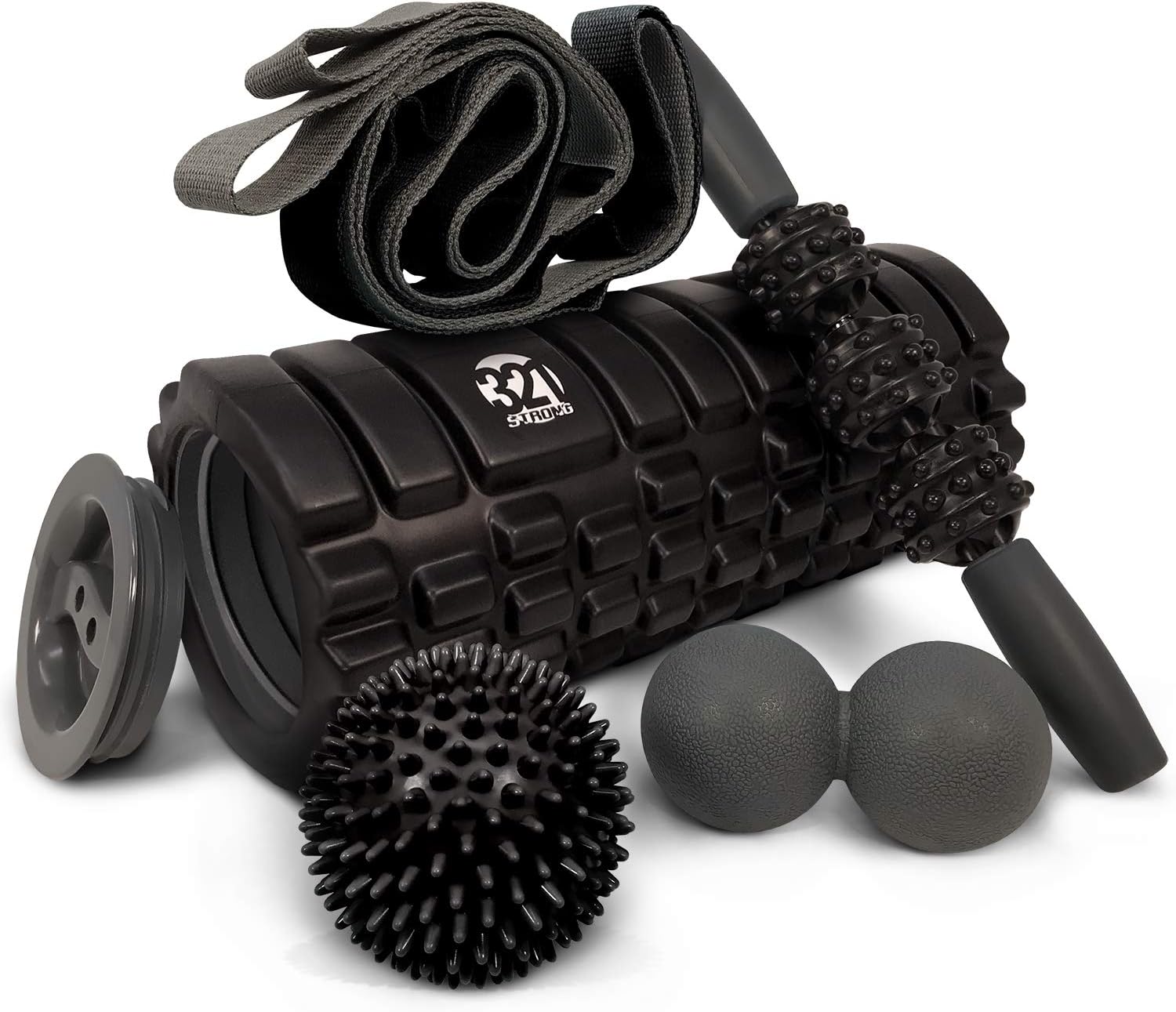 321 STRONG 5 in 1 Foam Roller Set with Hollow Core Deep Tissue Massager, Muscle Roller Stick, Stretching Strap, Spikey Plantar Fasciitis Ball, and Carry Bag, with 4K eBook