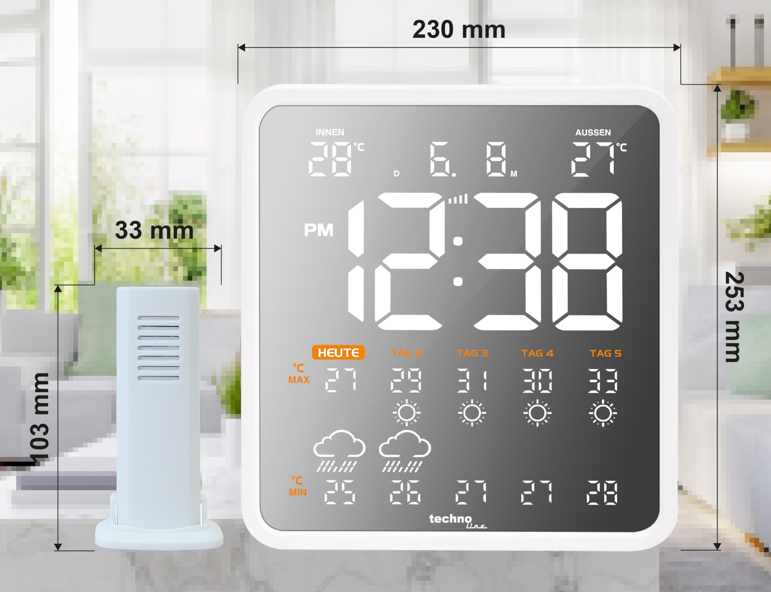 Technoline WD3035 WLAN - Wetterstation und Uhr in einem, Außentemperatur, Wettervorhersage für die nächsten 4 Tage, Datenübertragung auf das Smartphone, Anzeige Niederschlagswahrscheinlichkeit