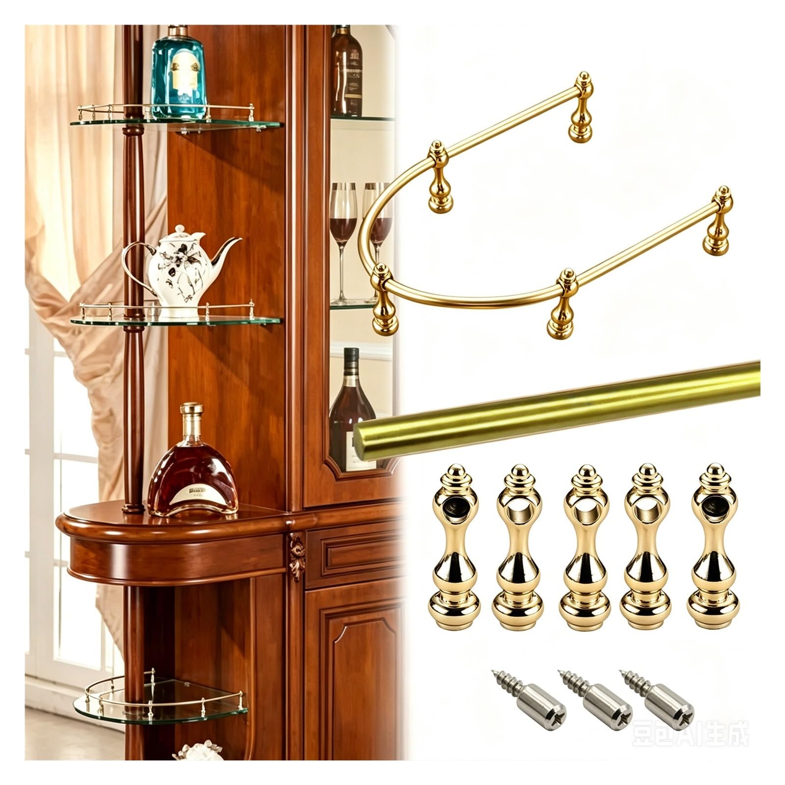 Custom Bendable Cabinet Guard Railing, Removable Aluminum Pole Guardrail with Posts & Screws, Decor Anti-Tipping Gallery Rails for Dining Room/Living Room/Bookshelf(Gold,L 158cm/62.2")
