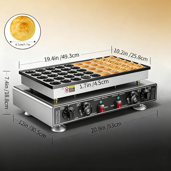Mini Pancake Maker Machine Dual Plate 25/50pcs, Non-Stick Commercial Dutch Pancakes Maker Stainless Steel, Electric Muffin Waffle Baker with Temp&Time Control for Restaurant, 110v 50holes