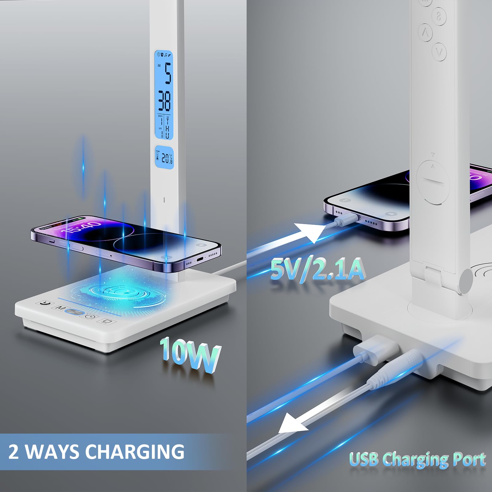 Lampada da Scrivania LED Tavolo Touch Control 3 Modalità 5 Livelli Luminosità Wireless USB Ricaricabile Telefono Luce Lettura Cameretta Ufficio LCD Calendario Temperatura Sveglia (5 Colore Bianca)