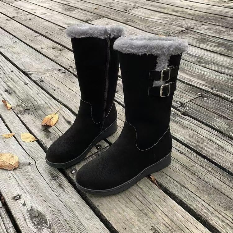 Women's Wedge Snow Boots Suede Mid Calf Boots with Side Zipper Faux Fur Lined Water Resistant Winter Boots (Black,8) - Image 5