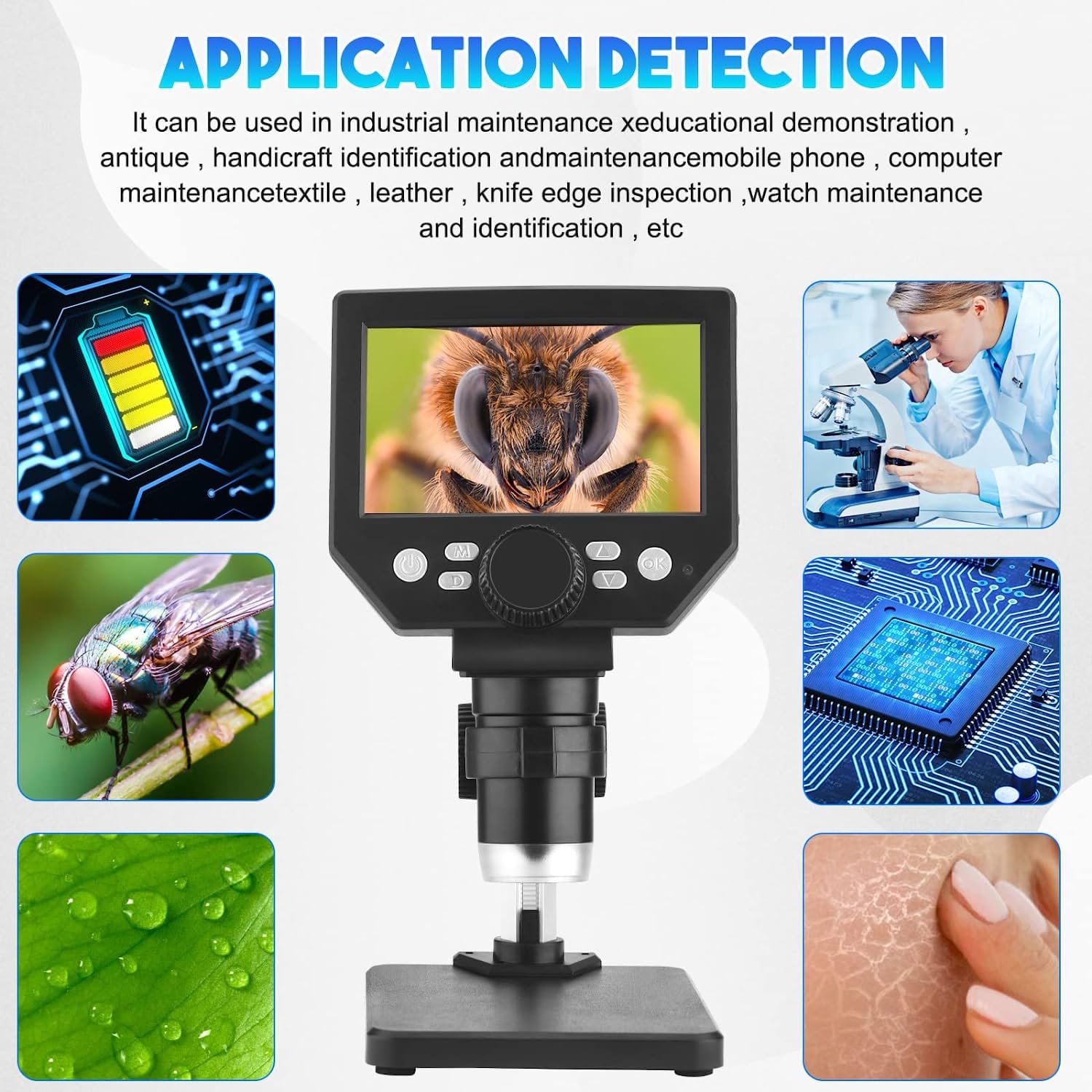 Microscopio Digitale 4,3 Pollici 1080P, Microscopio USB 1000X Ingrandimento con 8 Luci LED, Batteria Ricaricabile e Supporto Metallico per Riparazione PCB, Saldatura, Ispezione Gioielli