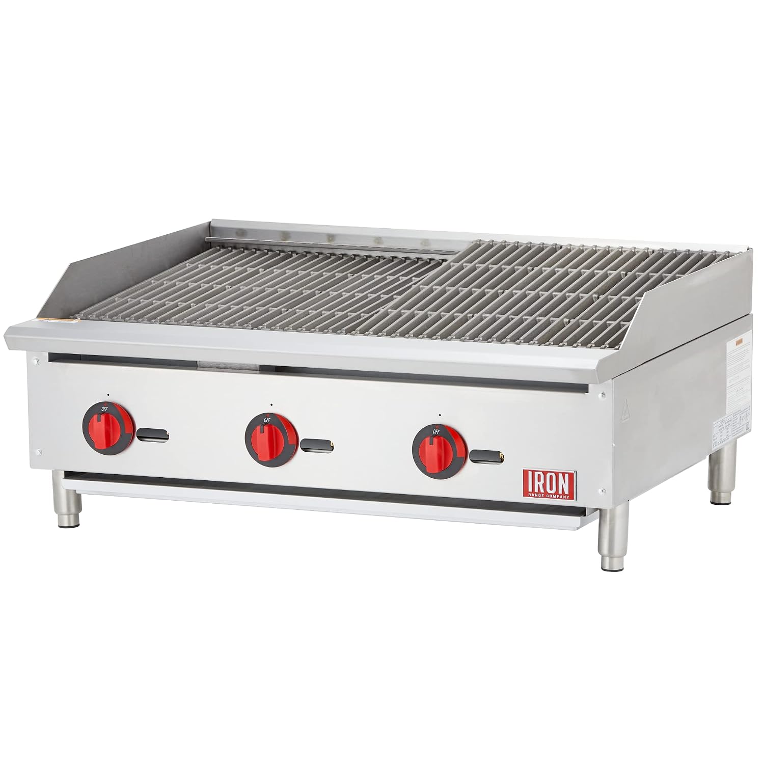 Iron Range IRRB-36 36" Countertop Commercial Gas Charbroiler, 3 Burners, 105,000 BTU, Stainless Steel, ETL Listed, LPG Conversion Kit Included, Adjustable Legs, Removable Grates & Grease Pan