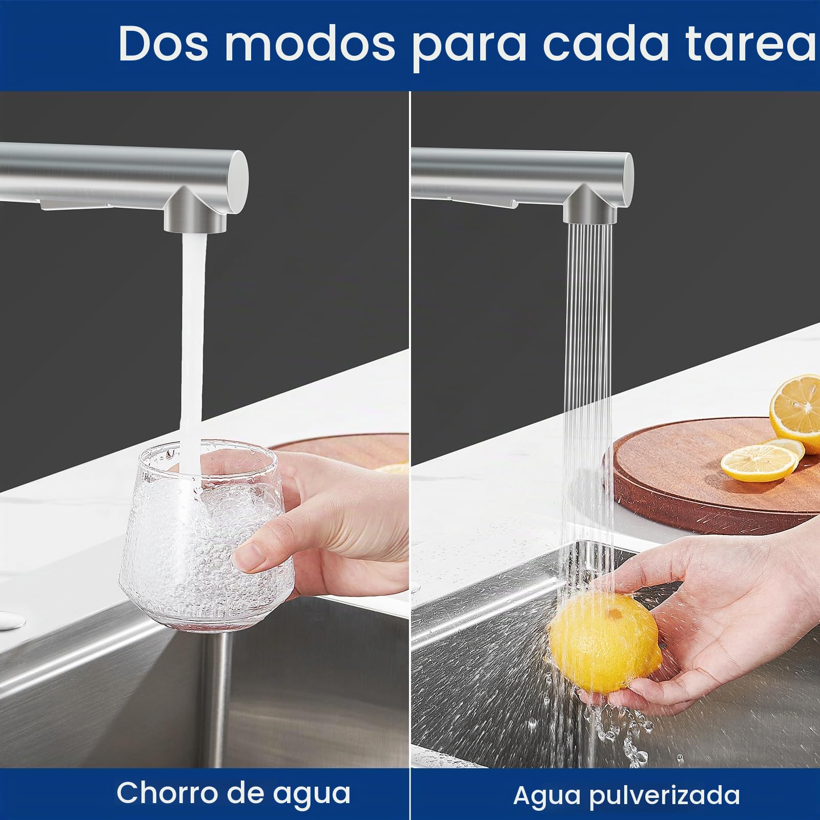 CECIPA Grifo de cocina extraíble, grifo de cocina de alta presión en acero inoxidable, giratorio 360°, robusto y sin fugas, instalación fácil, grifo mezclador con ducha extraíble para fregadero