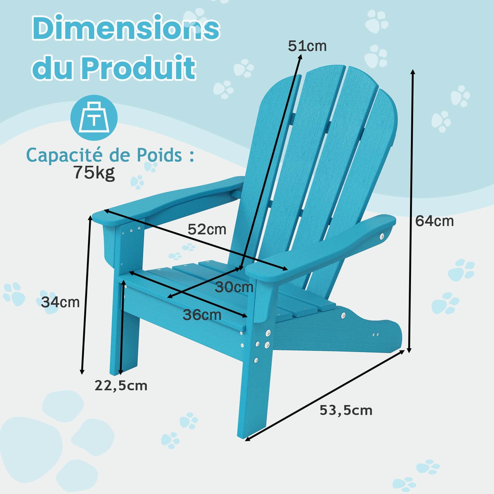 DREAMADE Chaise Adirondack Enfants Imperméable, Chaise de Camping en HDPE avec Dossier Haut et Accoudoirs,Fauteuil de Jardin d'Intérieur et d'Extérieur (Bleu,1 Piece)