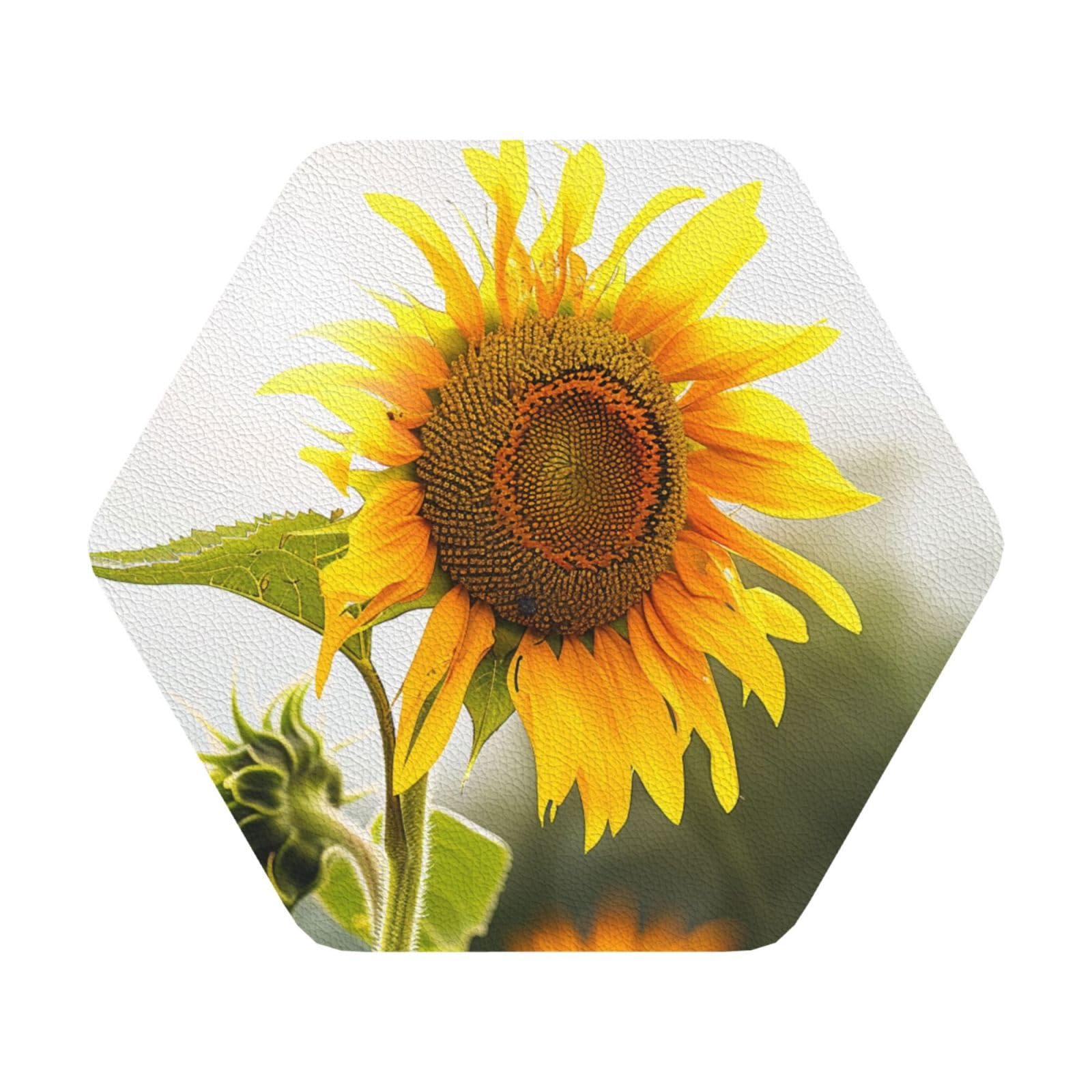Bloom Sunflower Print Leather Coaster Set of 6, Hexagon Coasters Table Decorative Coffee Cup Beverage Coasters Wine Beer Bar Coasters for Hot Drinks Table Protection