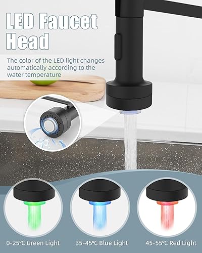 Miniatura 3 de Grifo de cocina negro con dispensador de jabón, grifo con luz, grifo para fregadero de cocina de casa rodante, fregadero de cocina de acero