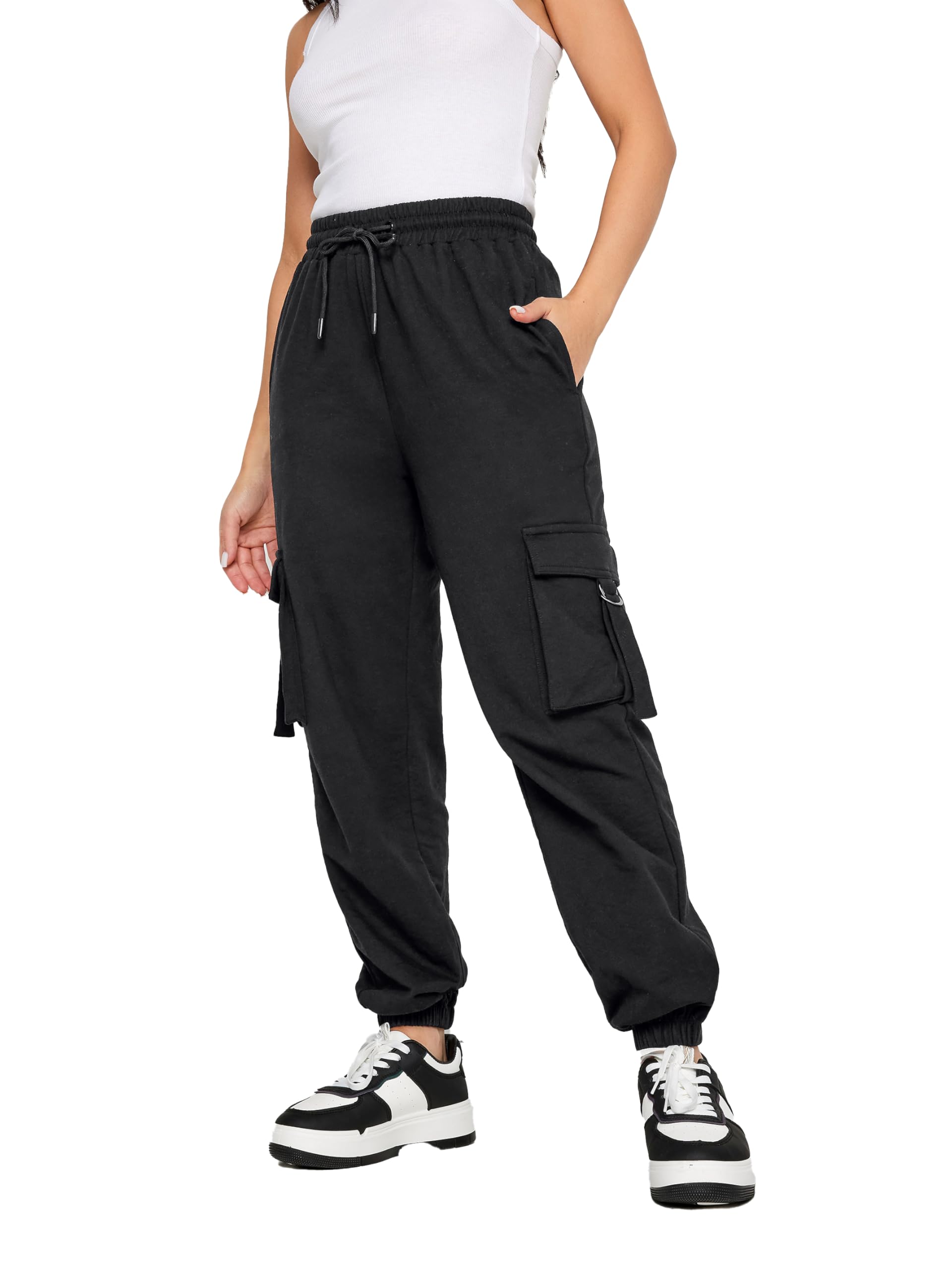 Pixiegirl Women's Black Petite Cargo Joggers In | Size: 14