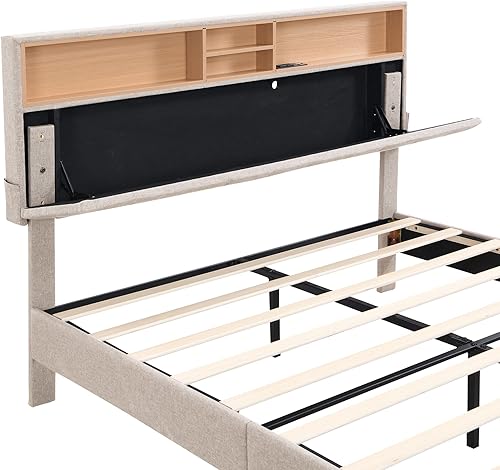 Miniatura 15 de Harper & Bright Designs Cama matrimonial con cabecera de estantería y puerto USB, plataforma tapizada de tela de lino, marco de madera, no necesita
