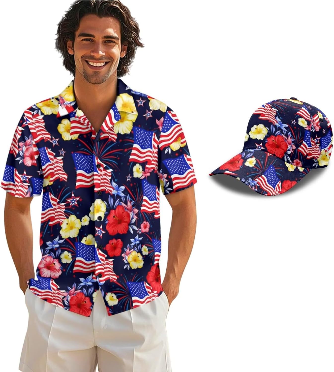 Men's USA 250th Anniversary USA Shirts & Baseball Cap Set 2 Pcs, Short Sleeve Button Down Shirts Sun Protection Hat