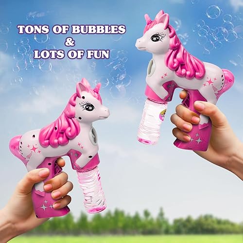 Miniatura 4 de Pistola de burbujas de unicornio para recuerdos de fiesta diseño sin sonido botella de repuesto adicional y baterías incluidas