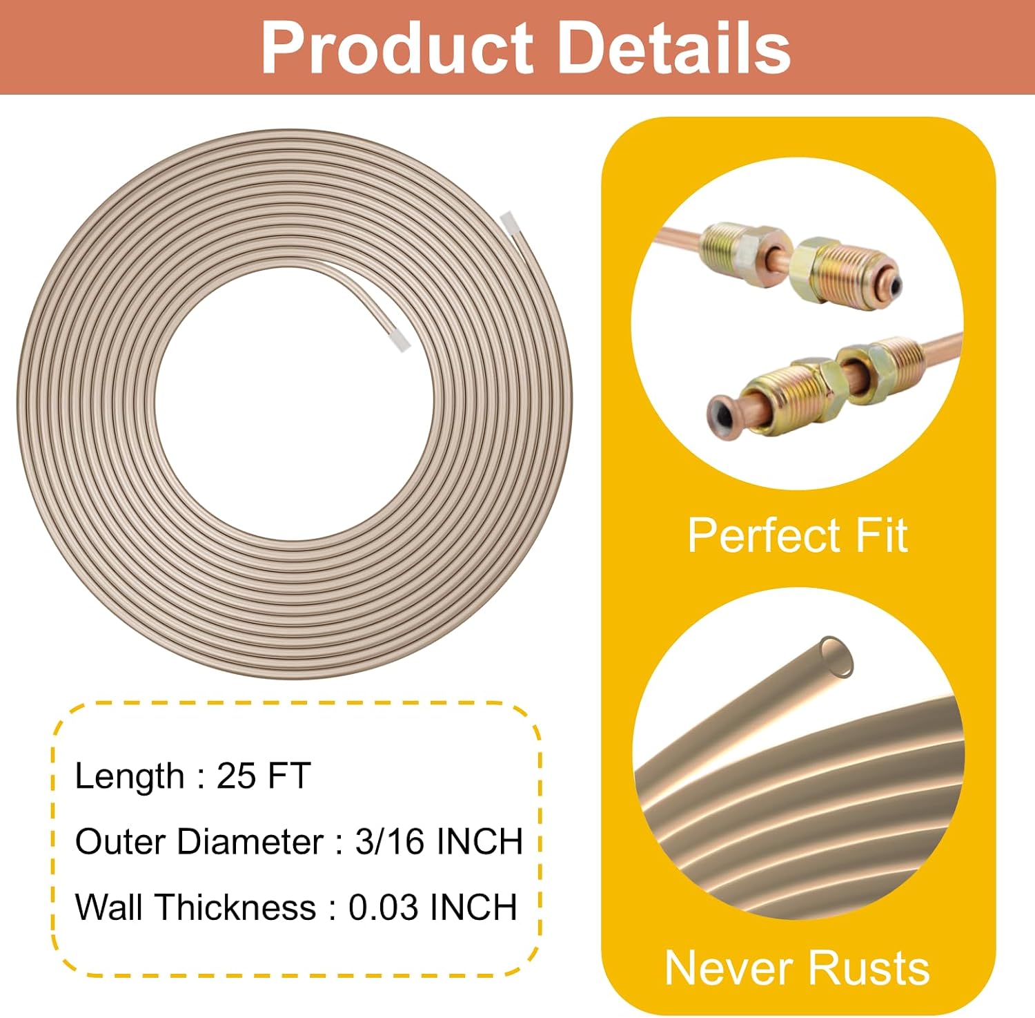 3/16 Brake Line [Made of Genuine Copper Nickel, 3/16"ODx25FT], Brake Line Kit with 16 Nuts – Non-Magnetic Copper Tubing with Fittings for Brake Lines Replacement