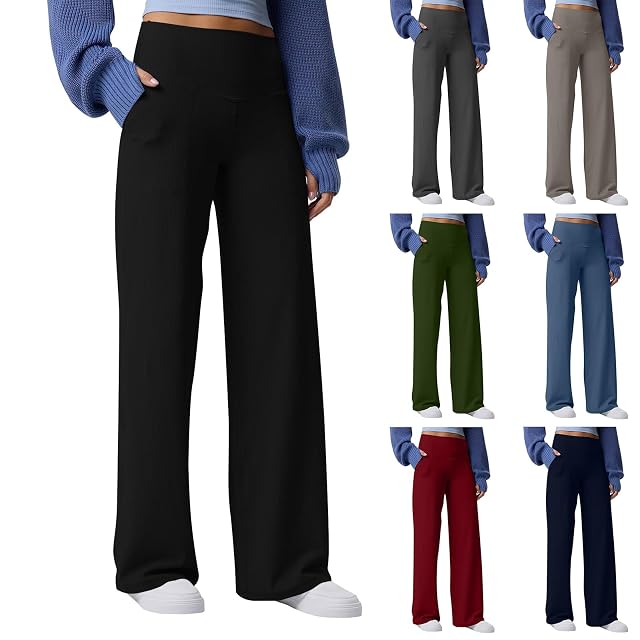 Straight Leg Yoga Pants for Women High Waisted Ribbed Leggings Seamless Stretchy Athletic Works Pants with Pockets