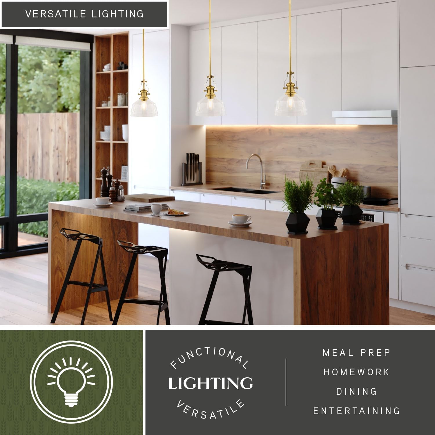 VAXCEL Beloit Brushed Gold Farmhouse Mini Pendant Ceiling Light with Clear Glass Shade, Adjustable Height Fixture Perfect for Kitchen Islands, Dining Rooms, or Living Spaces, LED Compatible, Dimmable