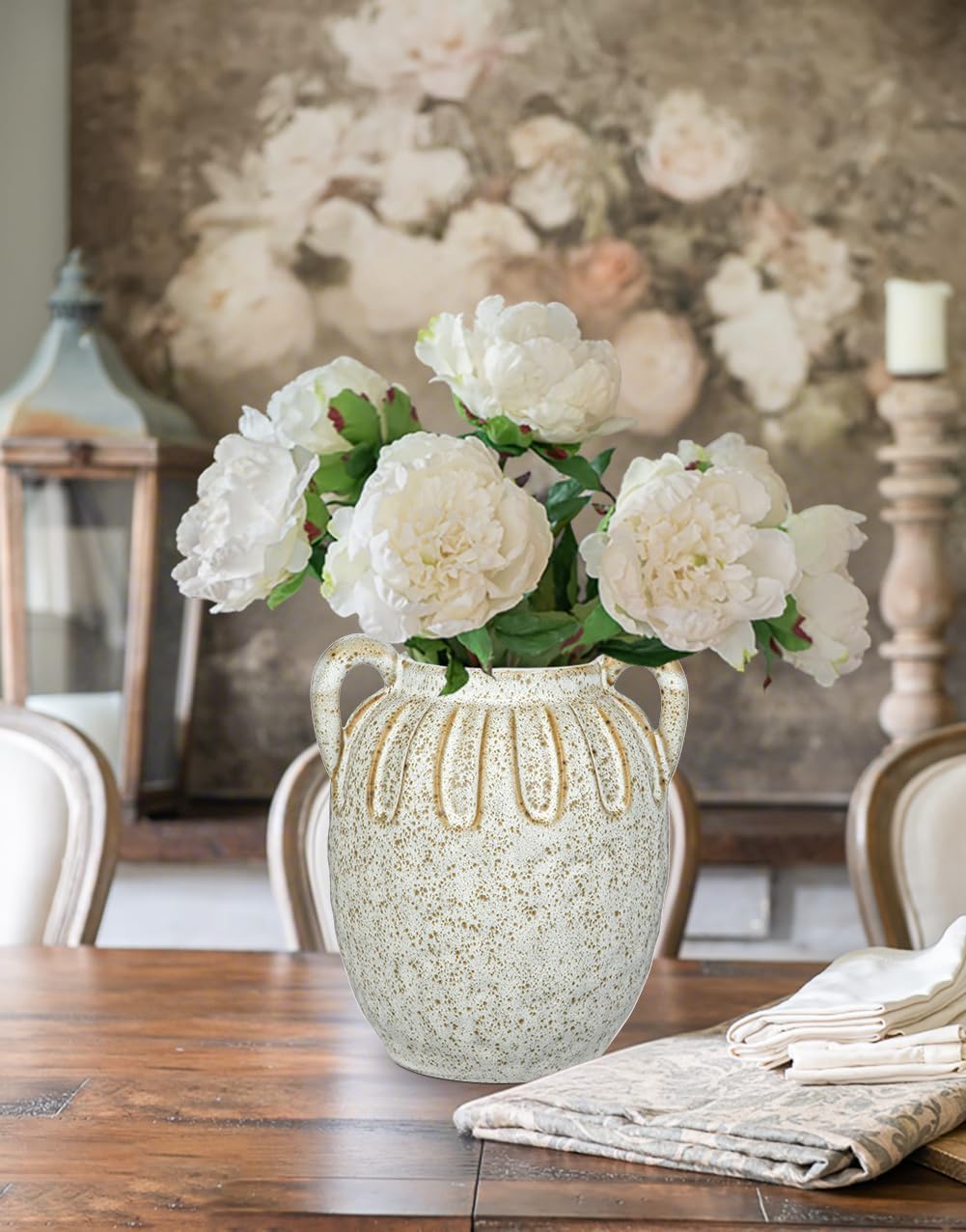 Vintage Ceramic Vase with 2 Handles,Farmhouse Boho Vase for Home Decor, Petal-Like Pluting Rustic Vase for Flower, Centerpiece Table Decoration 6.1 Inch - Image 5